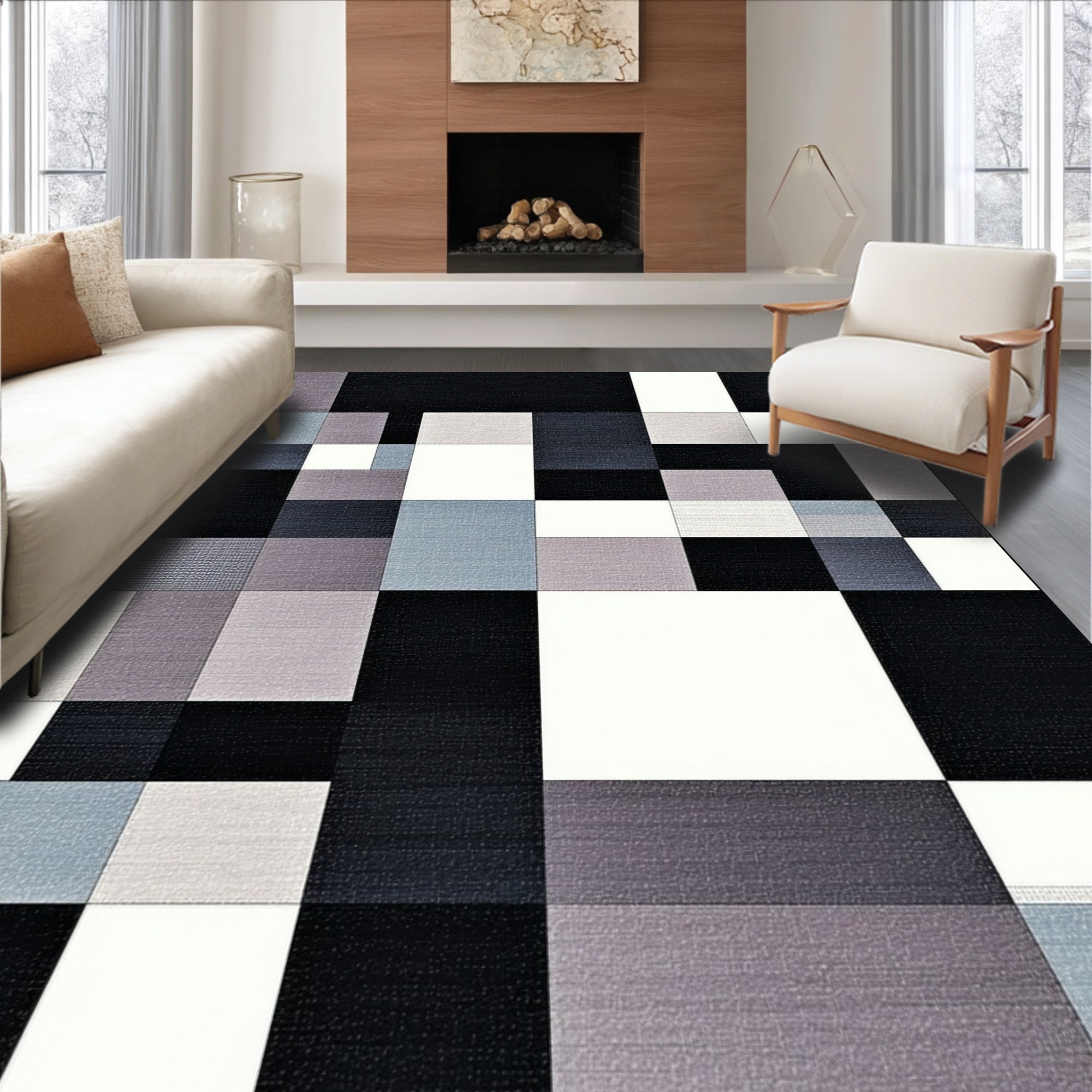 Ultra Soft Area Rug, Non Slip, Stain Resistant, Washable Area Rugs for Living Room, Bedroom, Stylish Minimalist Bedroom High Traffic Wool Carpet(Black)