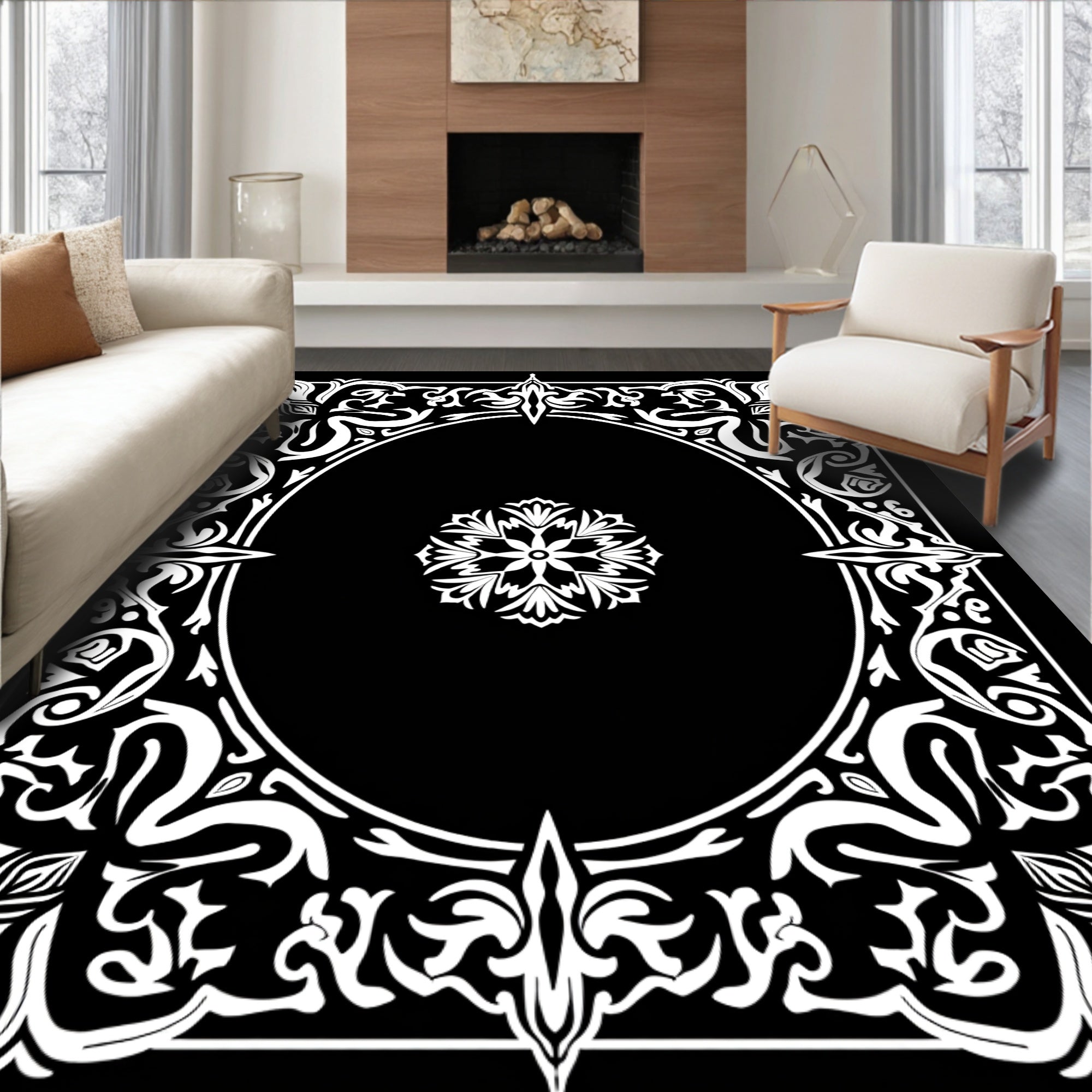 Classic Damask With Floral Embellishments And Symmetry (Black) - ODIKA