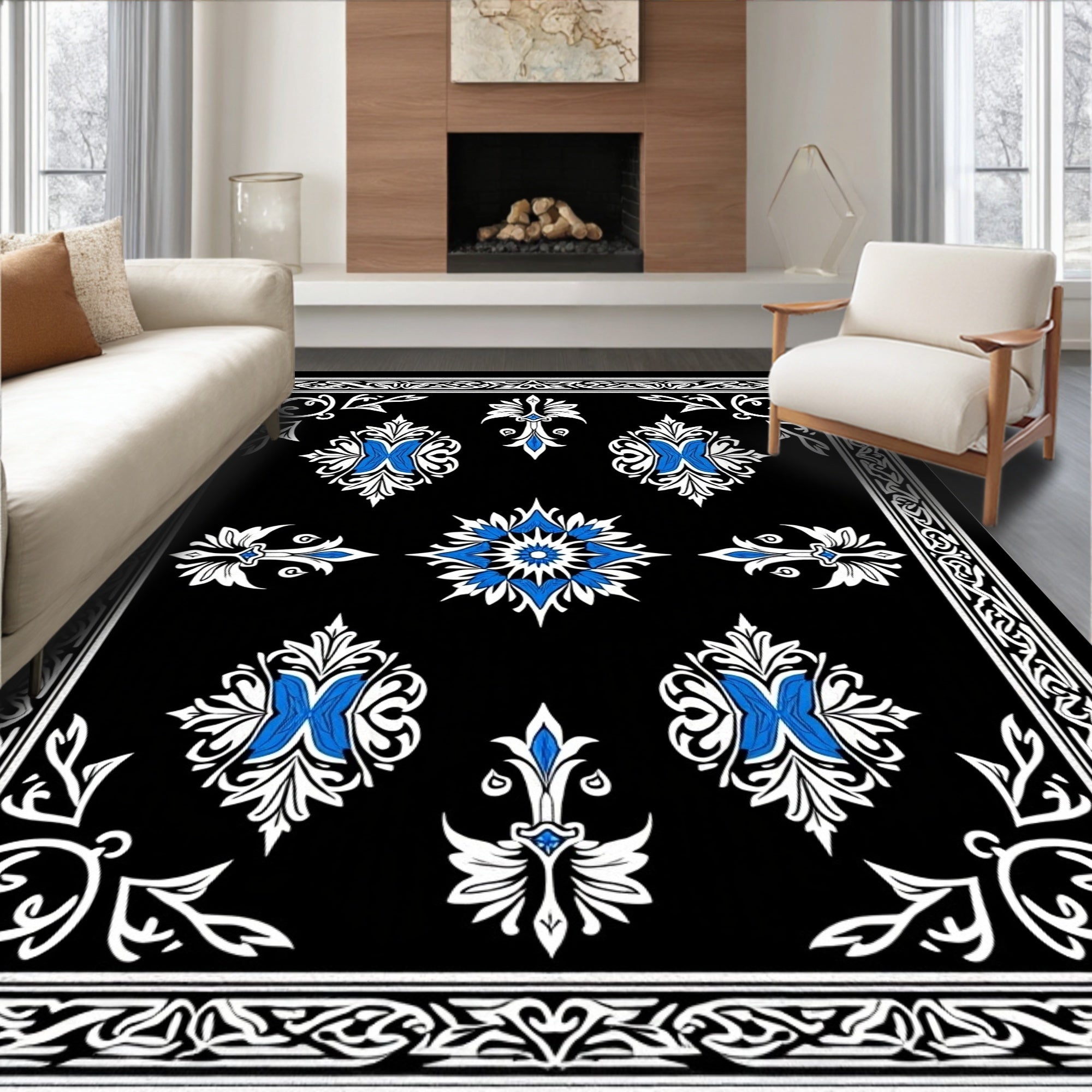 Damask Floral Motif Anti Slip Interior Floor Covering (Black) - ODIKA