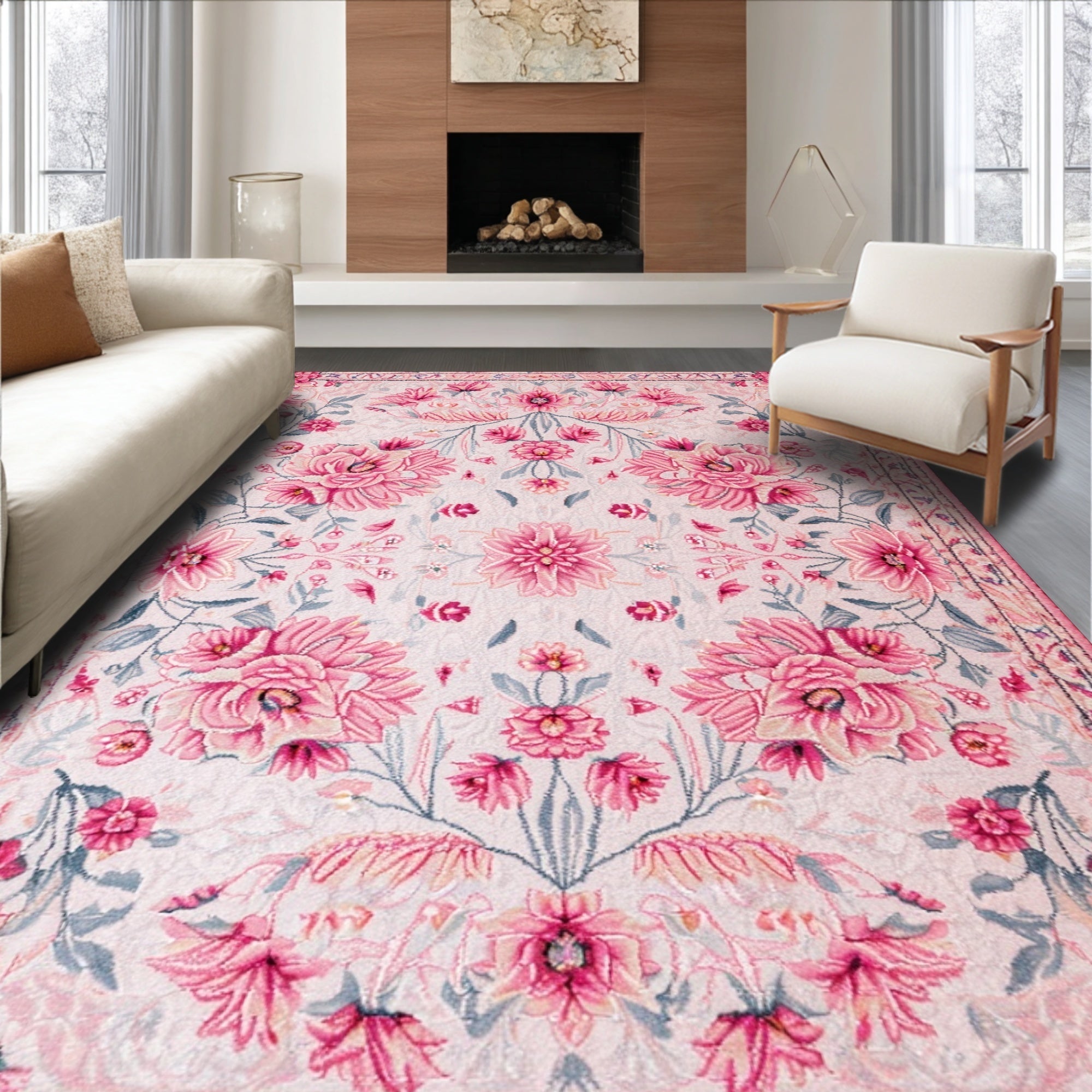 Ultra Soft Area Rug, Non Slip, Stain Resistant, Washable Area Rugs for Living Room, Bedroom, Boho Pastel Floral Kids Room Washable Rug(Pink)