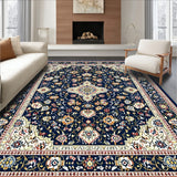 Navy Beige Ornate Medallions Easy Cleaning Non Shedding(Blue)