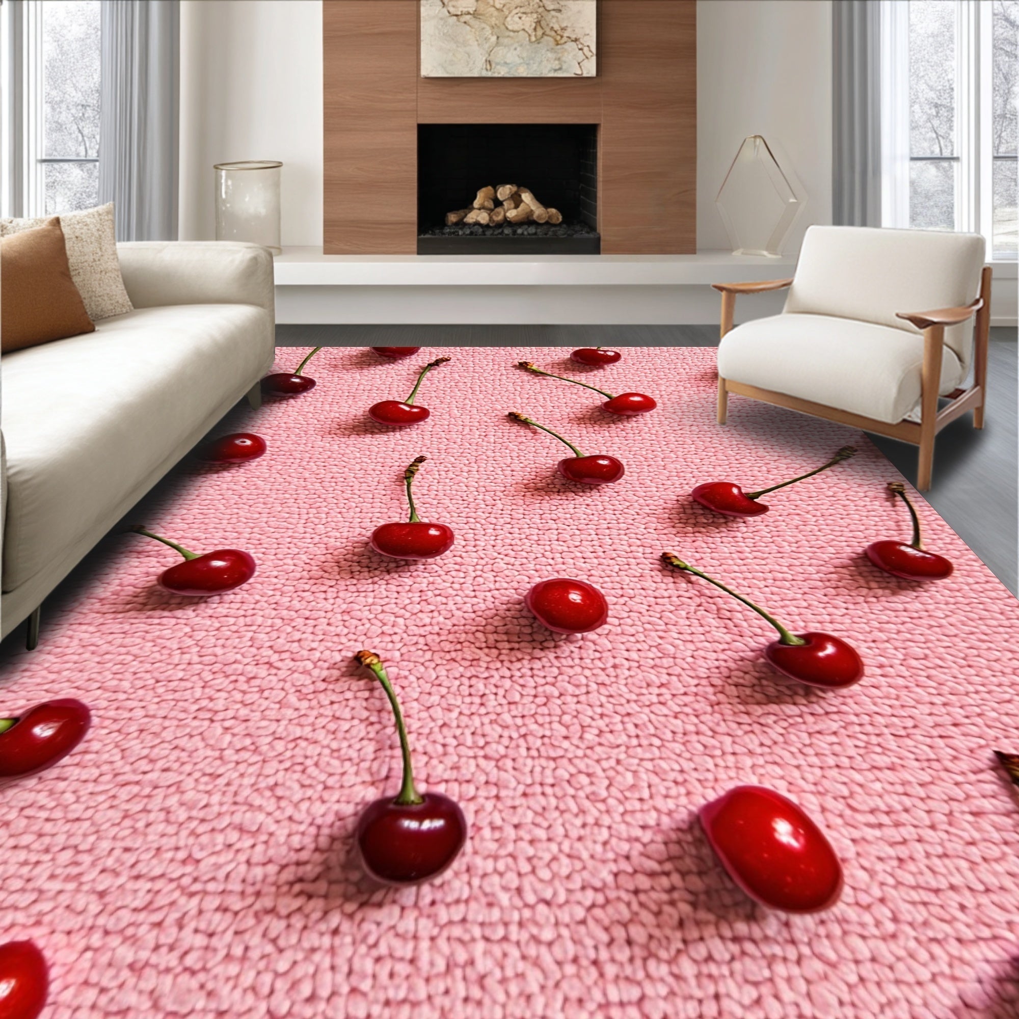 Ultra Soft Area Rug, Non Slip, Stain Resistant, Washable Area Rugs for Living Room, Bedroom, Cherry Fruit Fluffy Shower Mat for Bathtub(Pink)