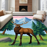 Dreamy Mountain Elk Pine Tree Landscape Floor(Brown)