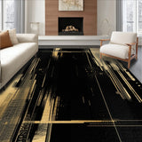 Elegant Black Rug with Gold Brushstroke Pattern and Metallic Highlights(Black)