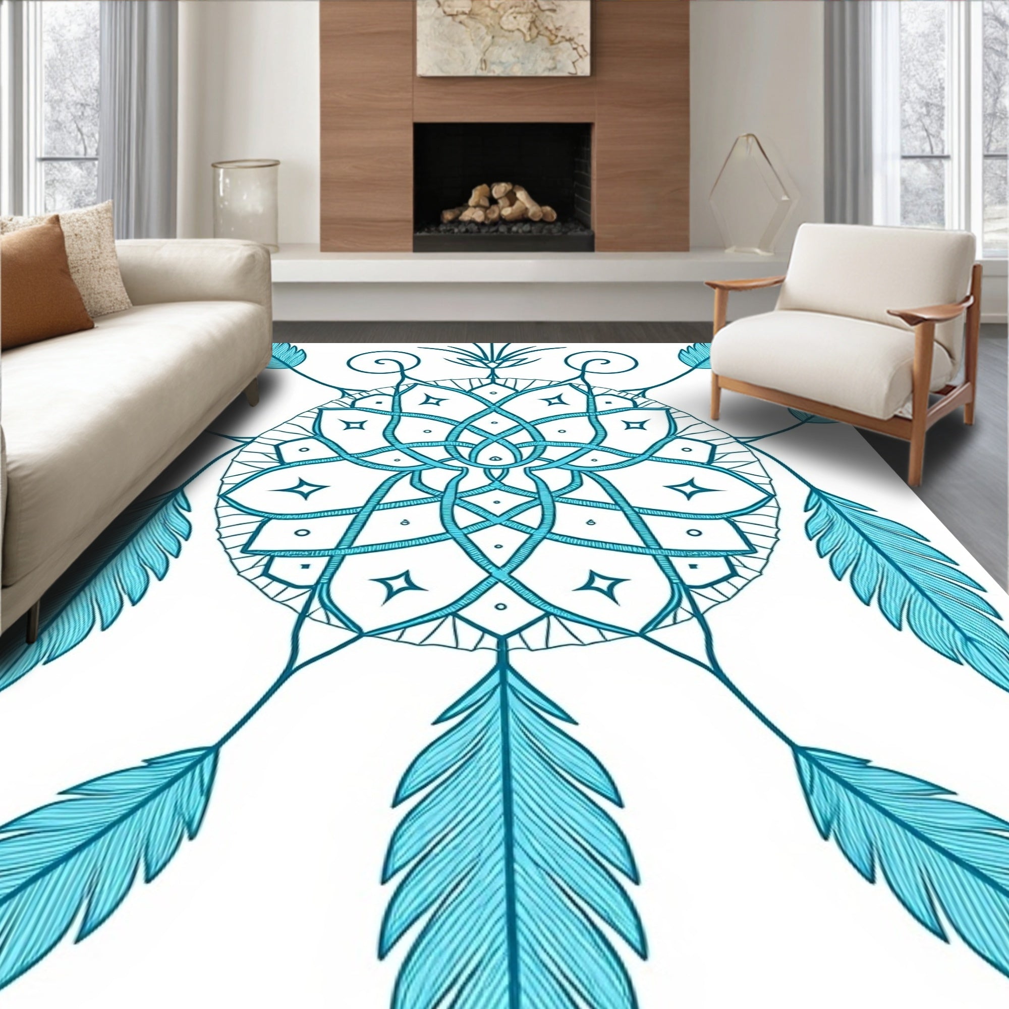 Boho Dreamcatcher Motif Intertwined with Feathered Accents (Blue) - ODIKA