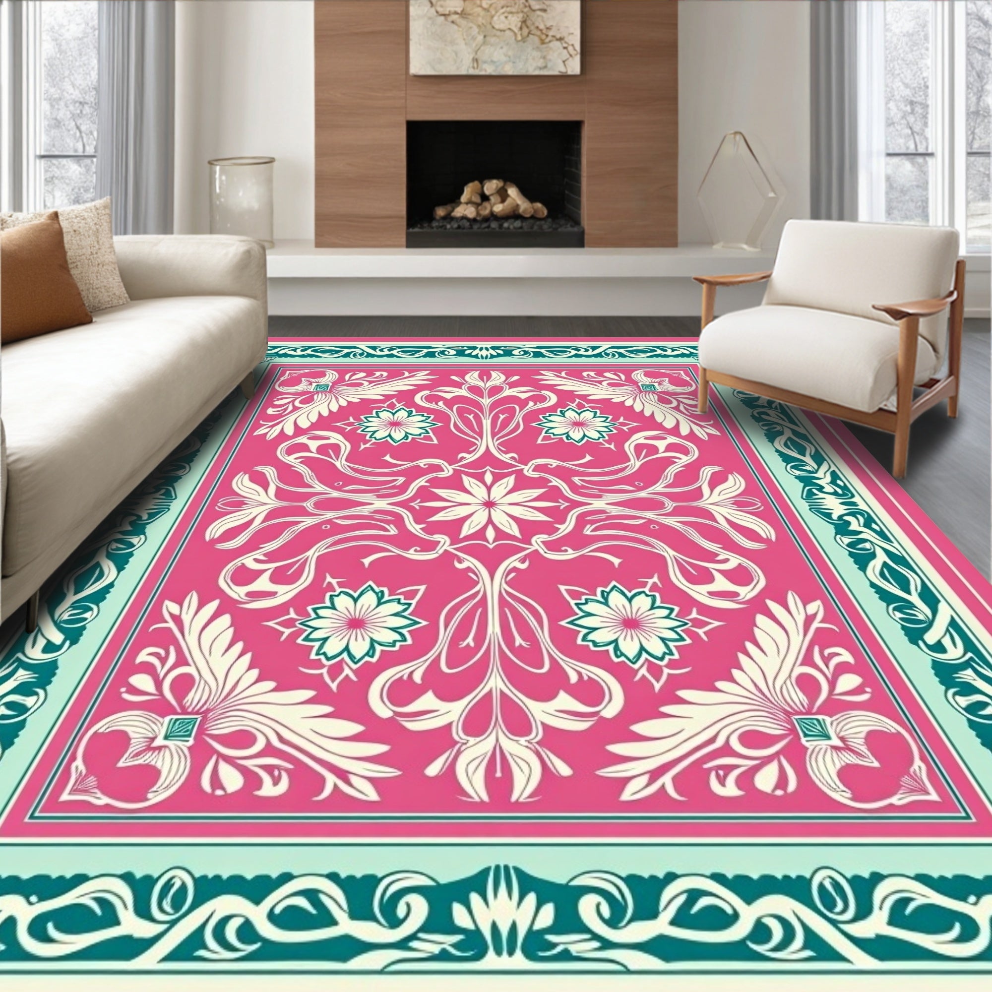 Stylized Botanical Arrangement with Repeating Leaf Clusters and Flourishes (Pink) - ODIKA
