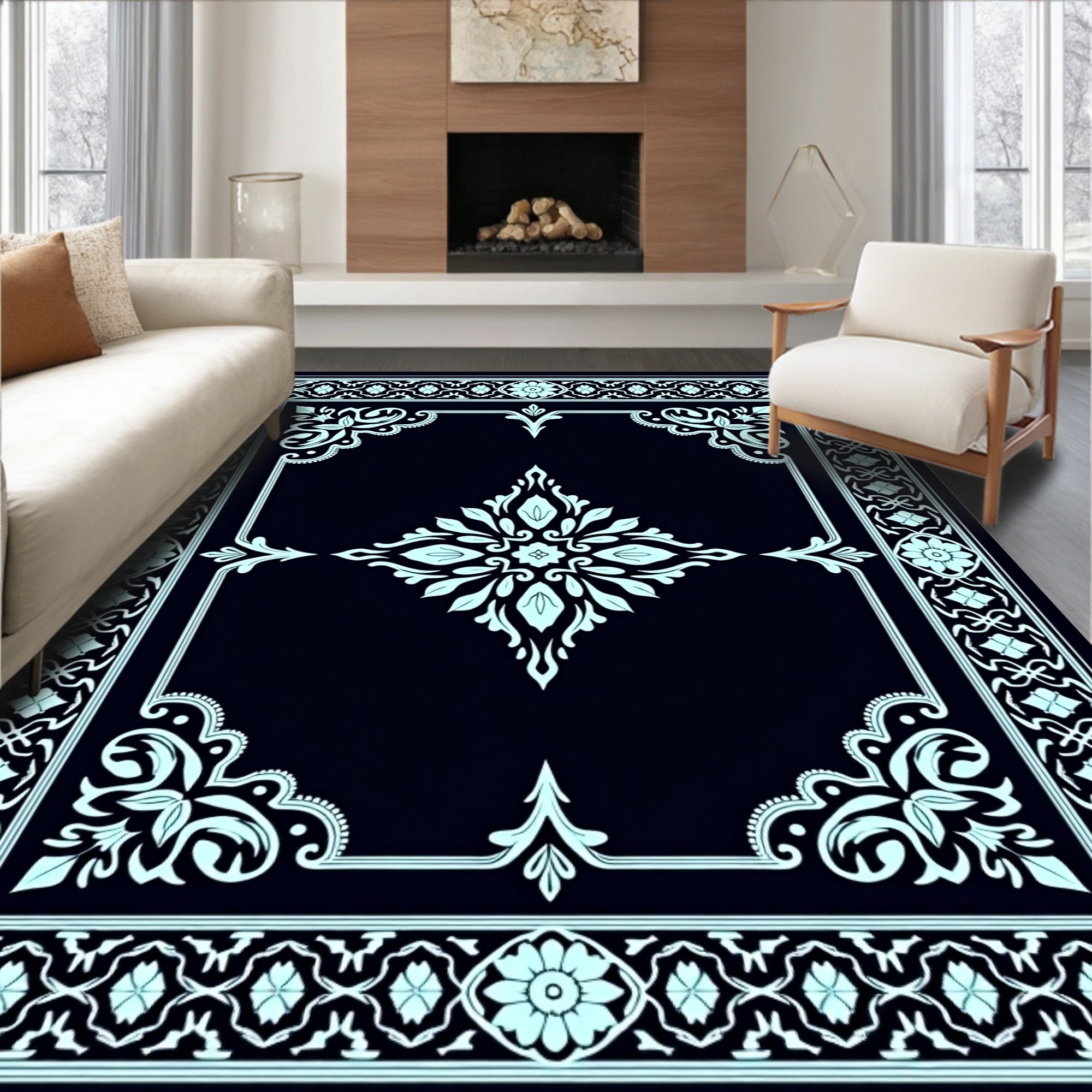 Traditional Floral Damask Ornate Sophisticated Symmetrical Design (Black) - ODIKA