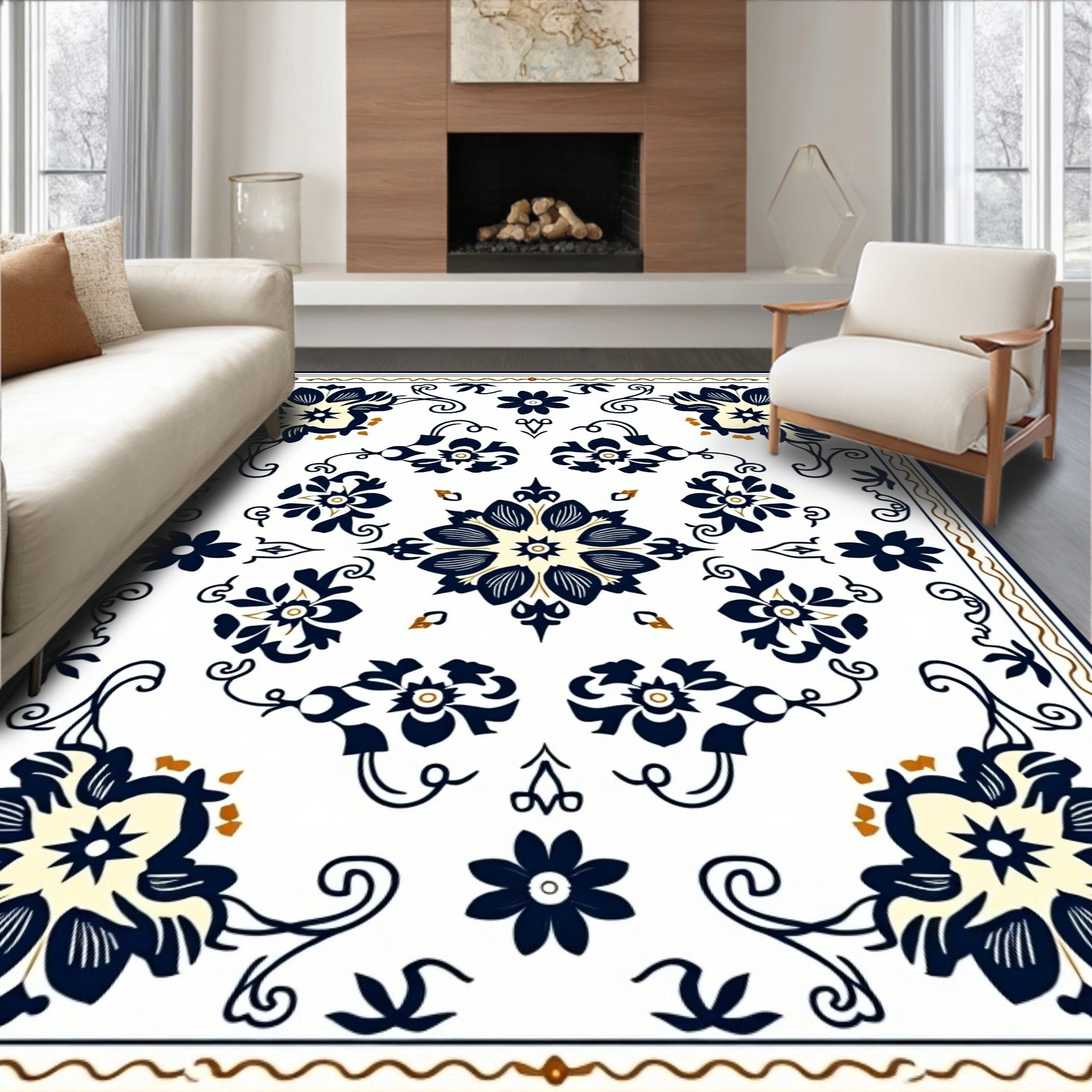Vintage Damask Flourish with Baroque Scroll Classic European (Blue) - ODIKA