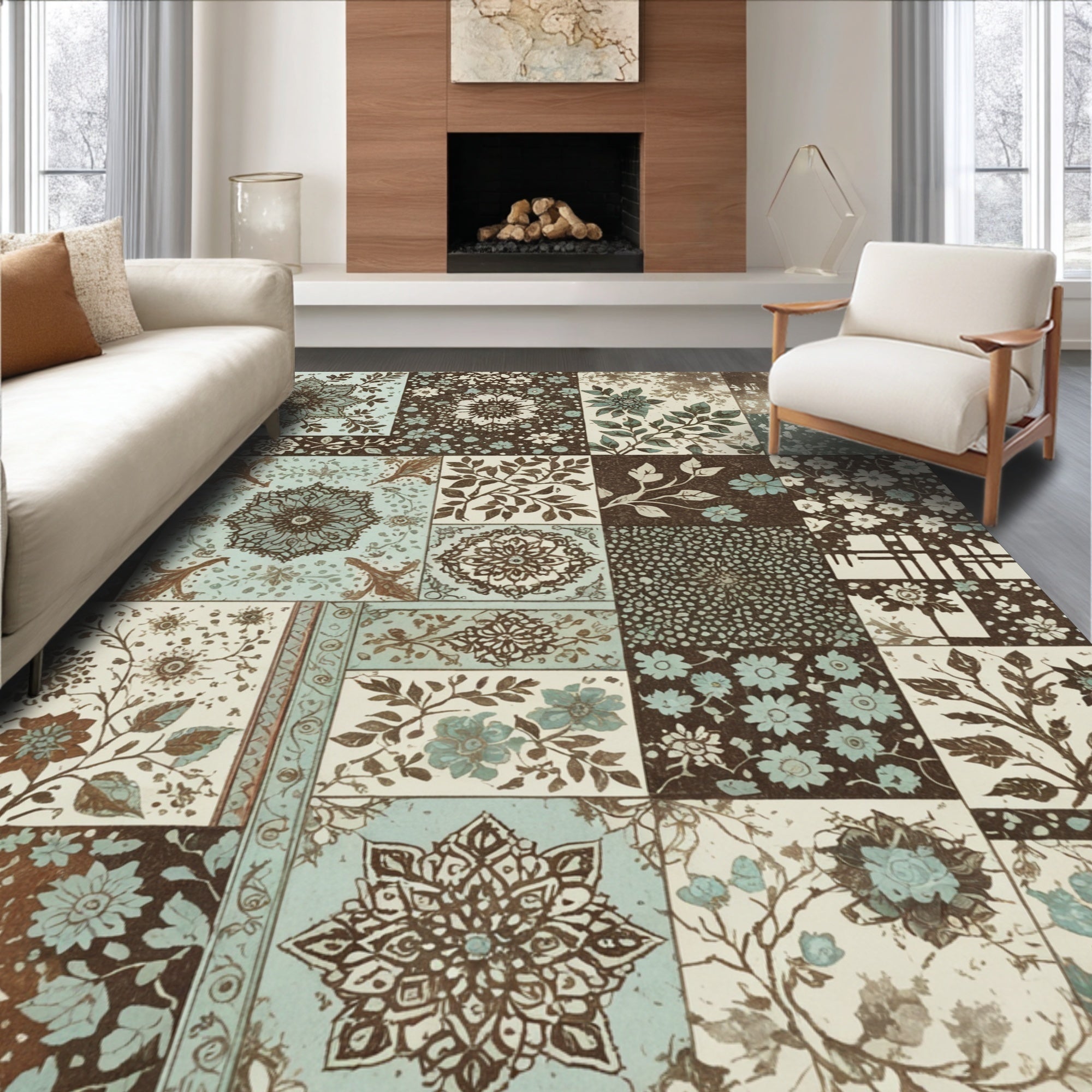 Ultra Soft Area Rug, Non Slip, Stain Resistant, Washable Area Rugs for Living Room, Bedroom, Tribal Soft Washable Kitchen Area Rug with Floral Design(Brown)