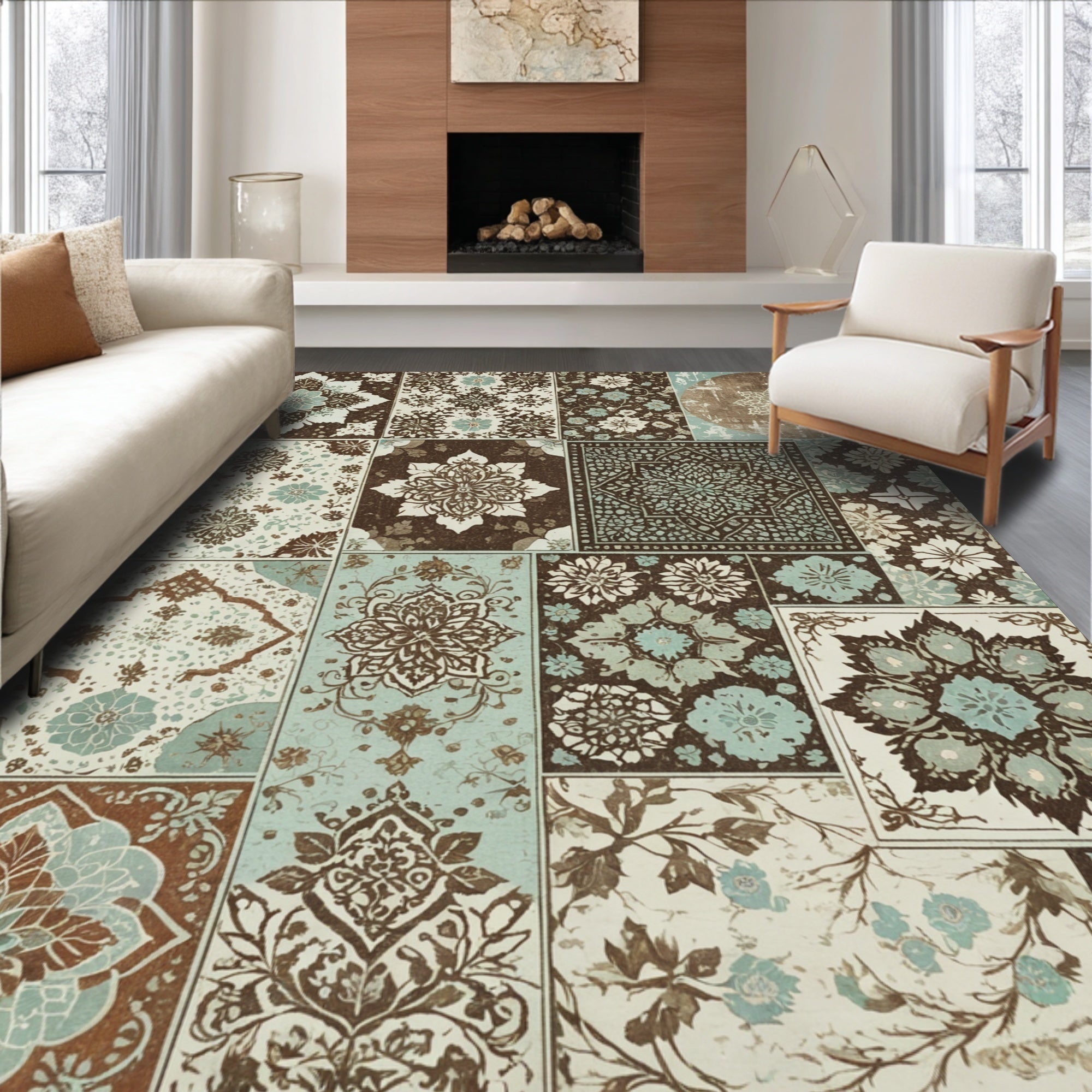 Ultra Soft Area Rug, Non Slip, Stain Resistant, Washable Area Rugs for Living Room, Bedroom, Boho Floral Patchwork Living Room Non Slip Rug(Brown)