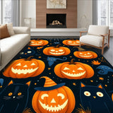 Spooky Porch Halloween Rug Featuring Pumpkin Gnomes and Cat Silhouettes(Orange)