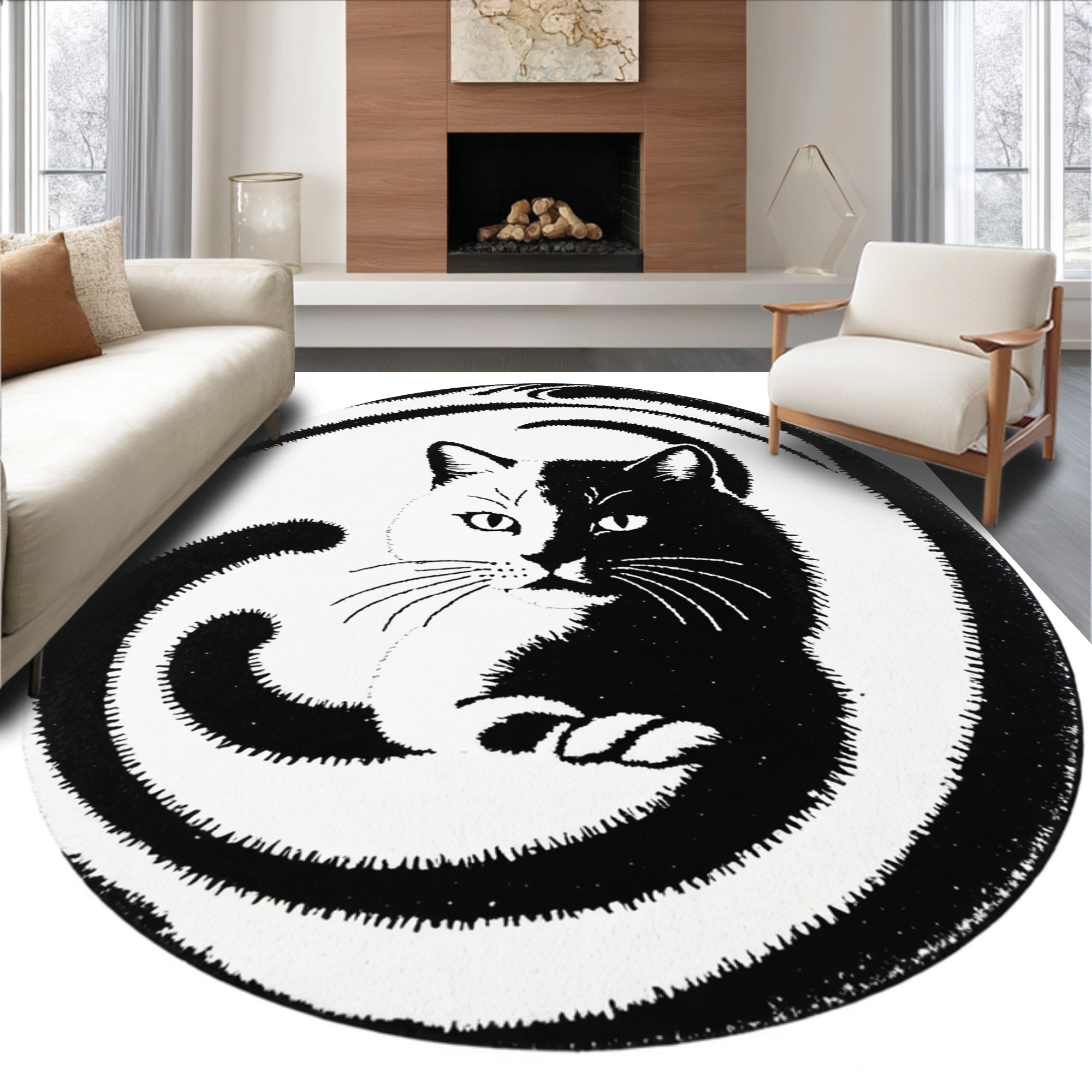 Ultra Soft Area Rug, Non Slip, Stain Resistant, Washable Area Rugs for Living Room, Bedroom, Round Yin Yang Cat Rug for Bathroom Decor(Black)