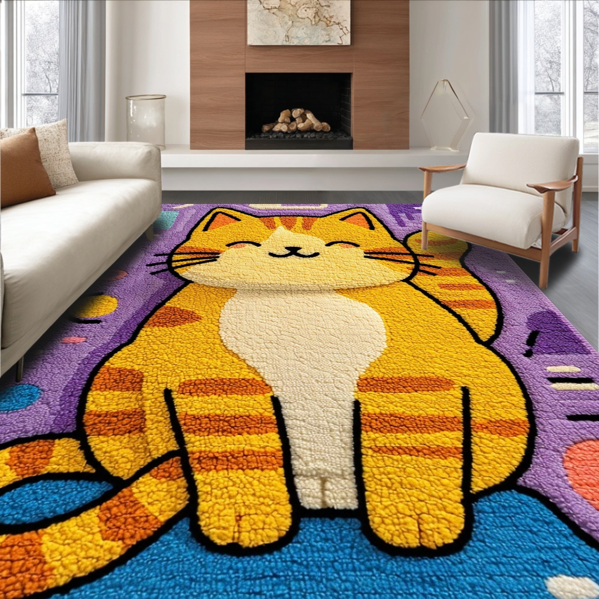 Ultra Soft Area Rug, Non Slip, Stain Resistant, Washable Area Rugs for Living Room, Bedroom, Cute Animal Porch Rug for Cat Lovers, Easy to Clean(Orange)