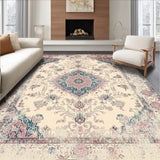 Distressed Medallion Area with Vintage Inspired Scrollwork and Faded Motifs(Beige)
