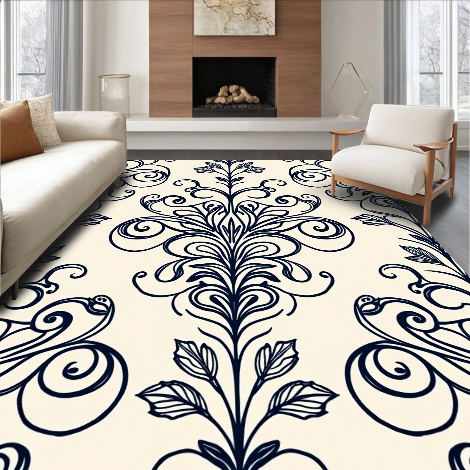 Elegant Floral Damask Symmetrical Jacquard Distressed (Ivory) - ODIKA