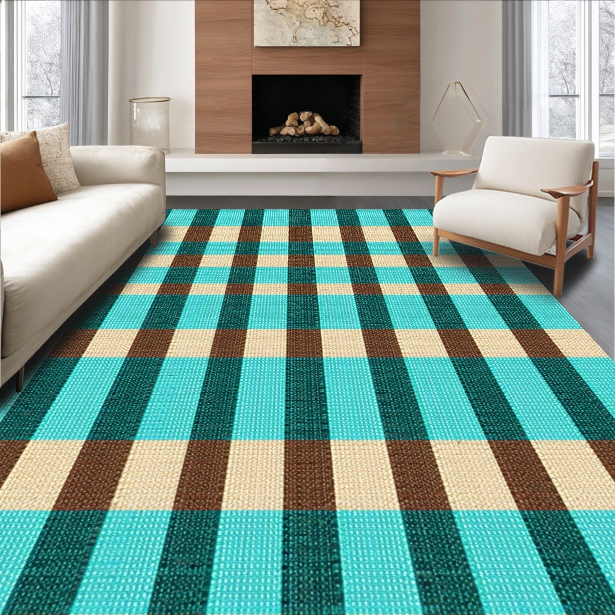 Ultra Soft Area Rug, Non Slip, Stain Resistant, Washable Area Rugs for Living Room, Bedroom, Modern Checked Living Room Carpet in Turquoise and Brown(Beige)