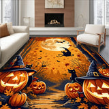 Halloween Gnome Pumpkin Cat Area Rug with Whimsical Spiderweb Accents(Orange)