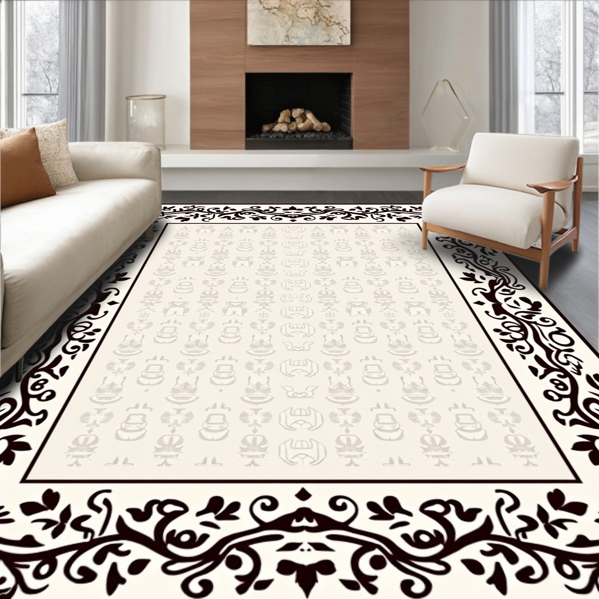 Symmetrical Damask Motif with Delicate Vines and Stylized Petal (Black) - ODIKA