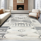 Abstract Grey and Cream Tumble Pattern Rug with Distressed Tribal Motifs(Gray)