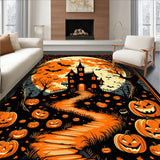 Vintage Gothic Pumpkin Rug with Haunted Silhouettes(Black)