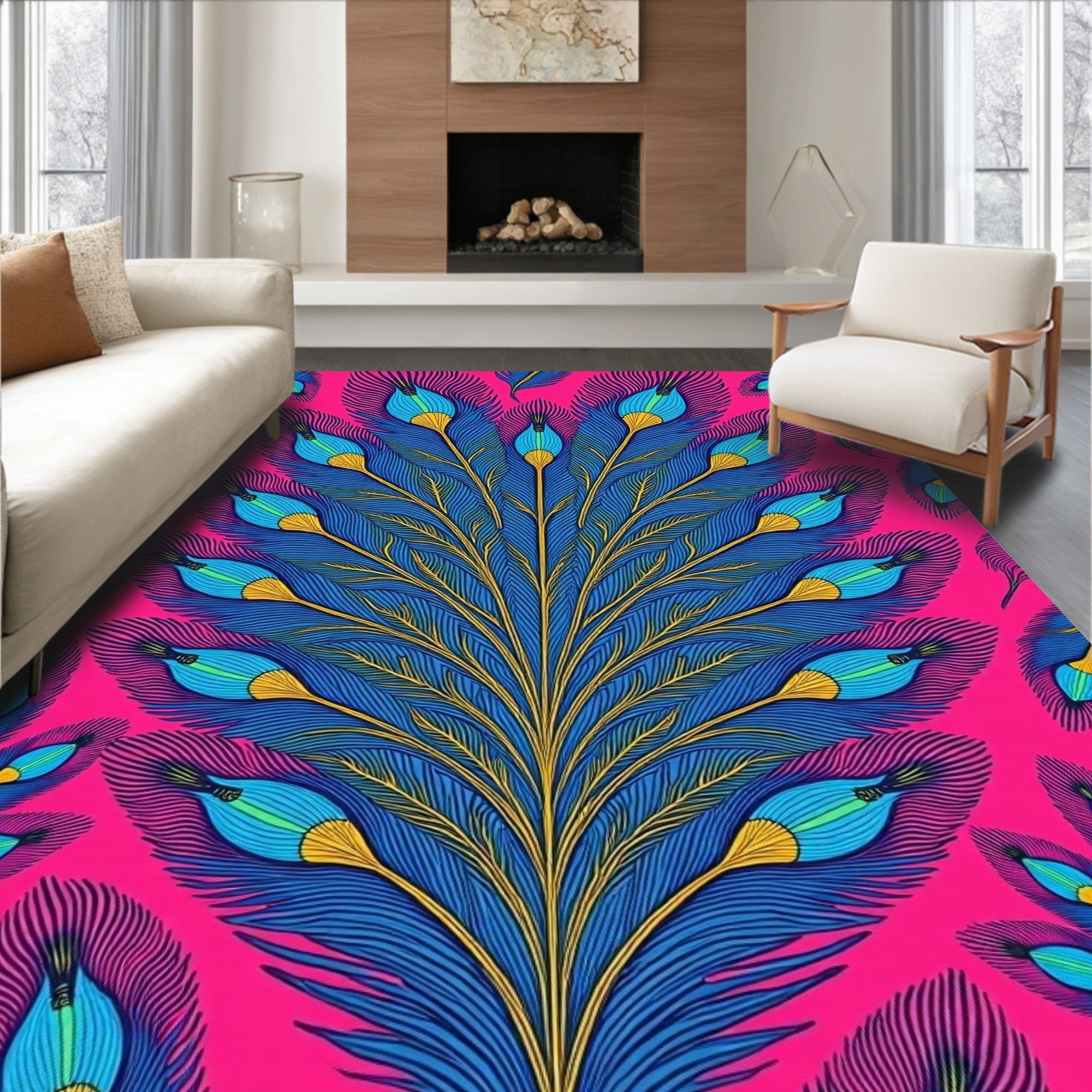 Vibrant Peacock Feather Motif with Iridescent Details (Pink) - ODIKA