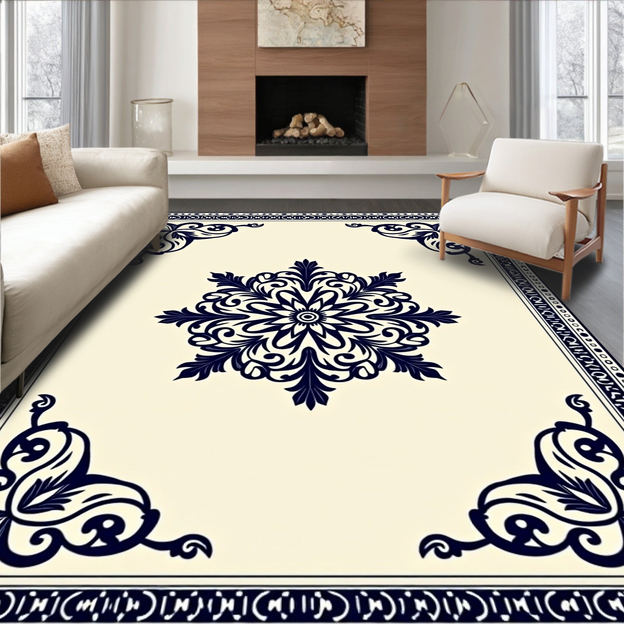 Traditional Medallion with Ornate Corner Flourishes (Beige) - ODIKA