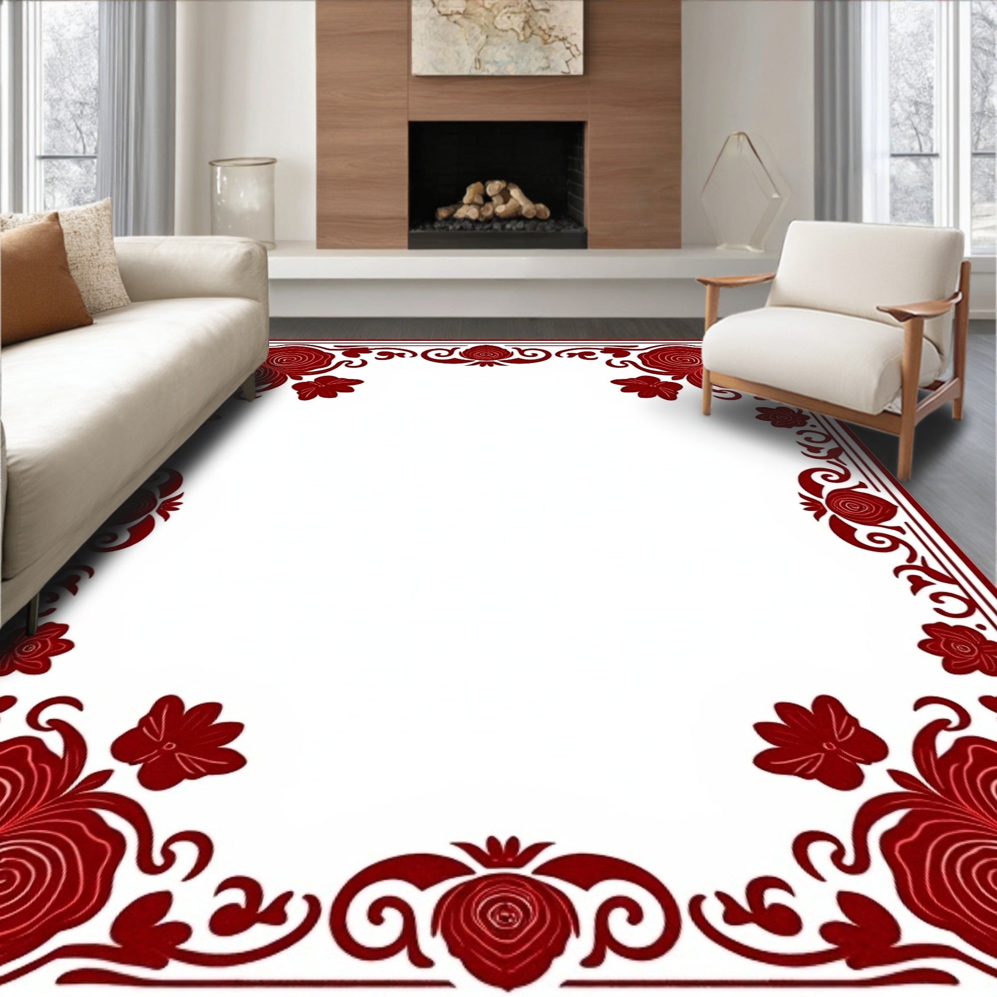 Vintage Rose Garden Tapestry Design with Scrollwork Borders (Red) - ODIKA