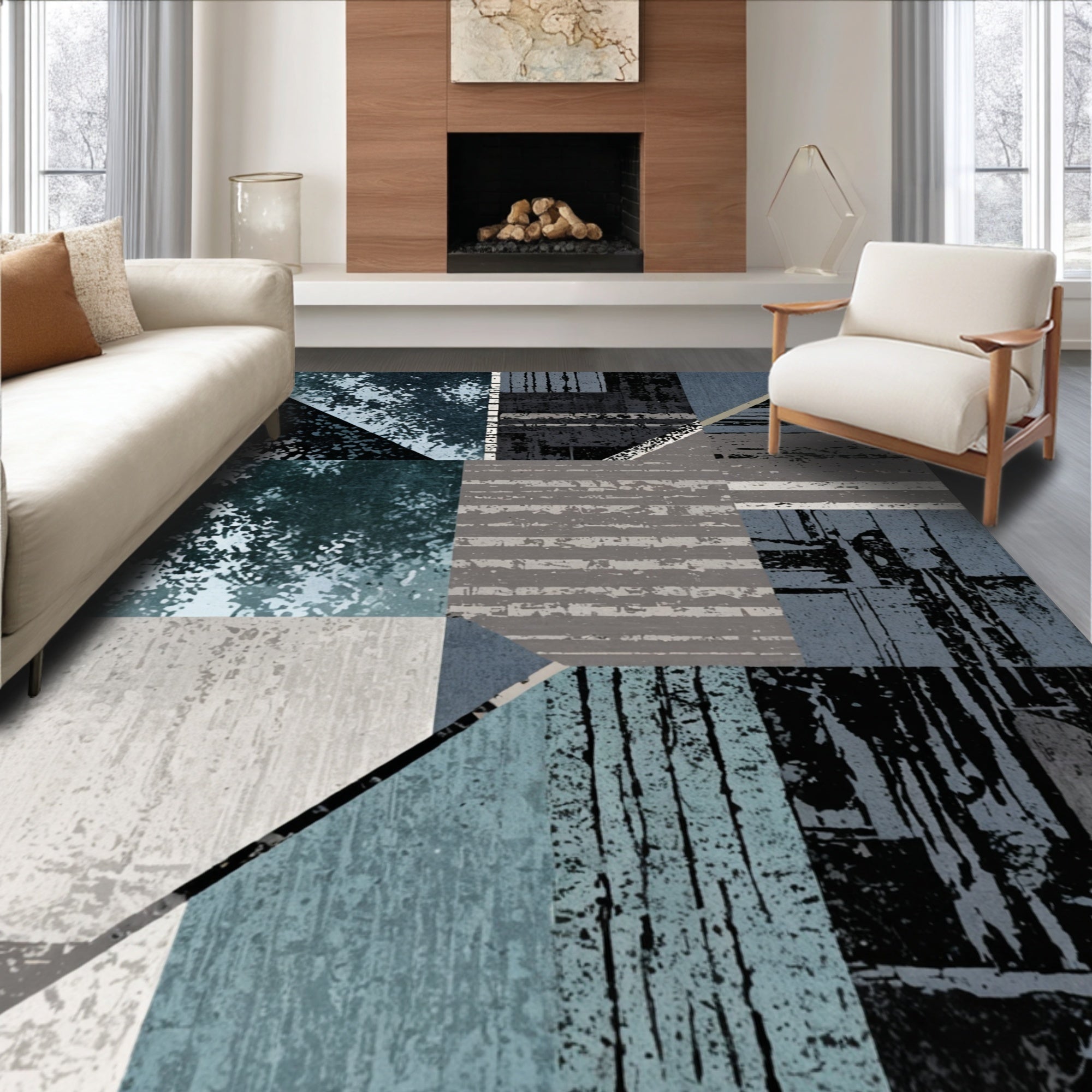 Ultra Soft Area Rug, Non Slip, Stain Resistant, Washable Area Rugs for Living Room, Bedroom, Abstract Gray Geometric Living Room Plush Rug(Blue)