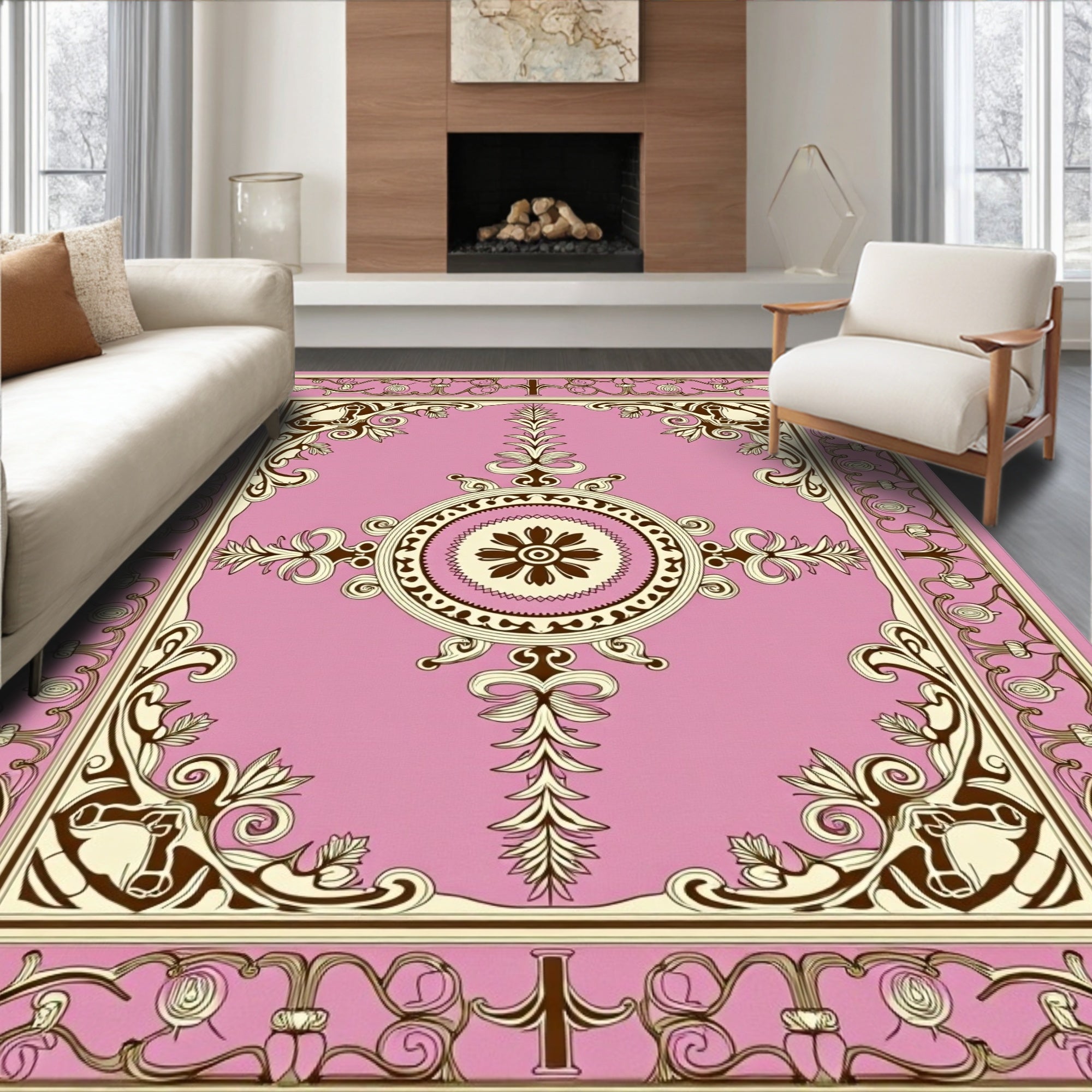 Kamran Medallion Revival Motif with Ornate Scrollwork and Botanical Accents (Pink) - ODIKA