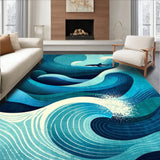 Artistic Shark Themed Carpet with Geometric Ocean Elements and Waves(Blue)