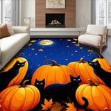 Midnight Harvest Black Cat Pumpkin Carpet Welcome Rug Spooky Decor(Blue)