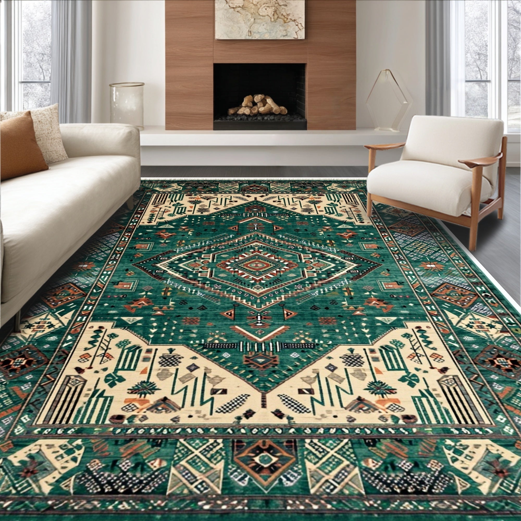 Ultra Soft Area Rug, Non Slip, Stain Resistant, Washable Area Rugs for Living Room, Bedroom, Vintage Multi Color Living Room Low Pile Carpet(Green)
