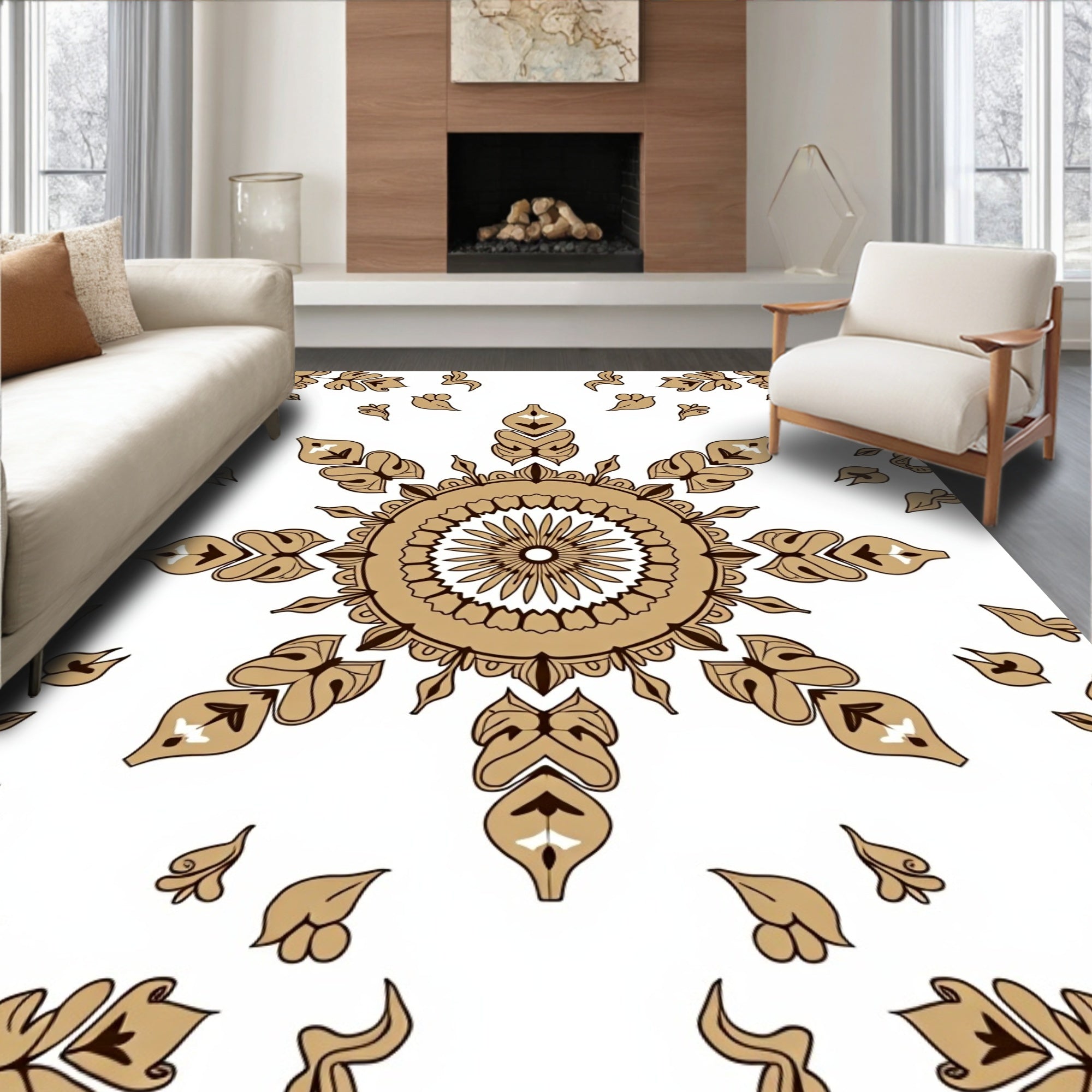 Inspired Floor Covering with Symmetrical Rosette (Beige) - ODIKA