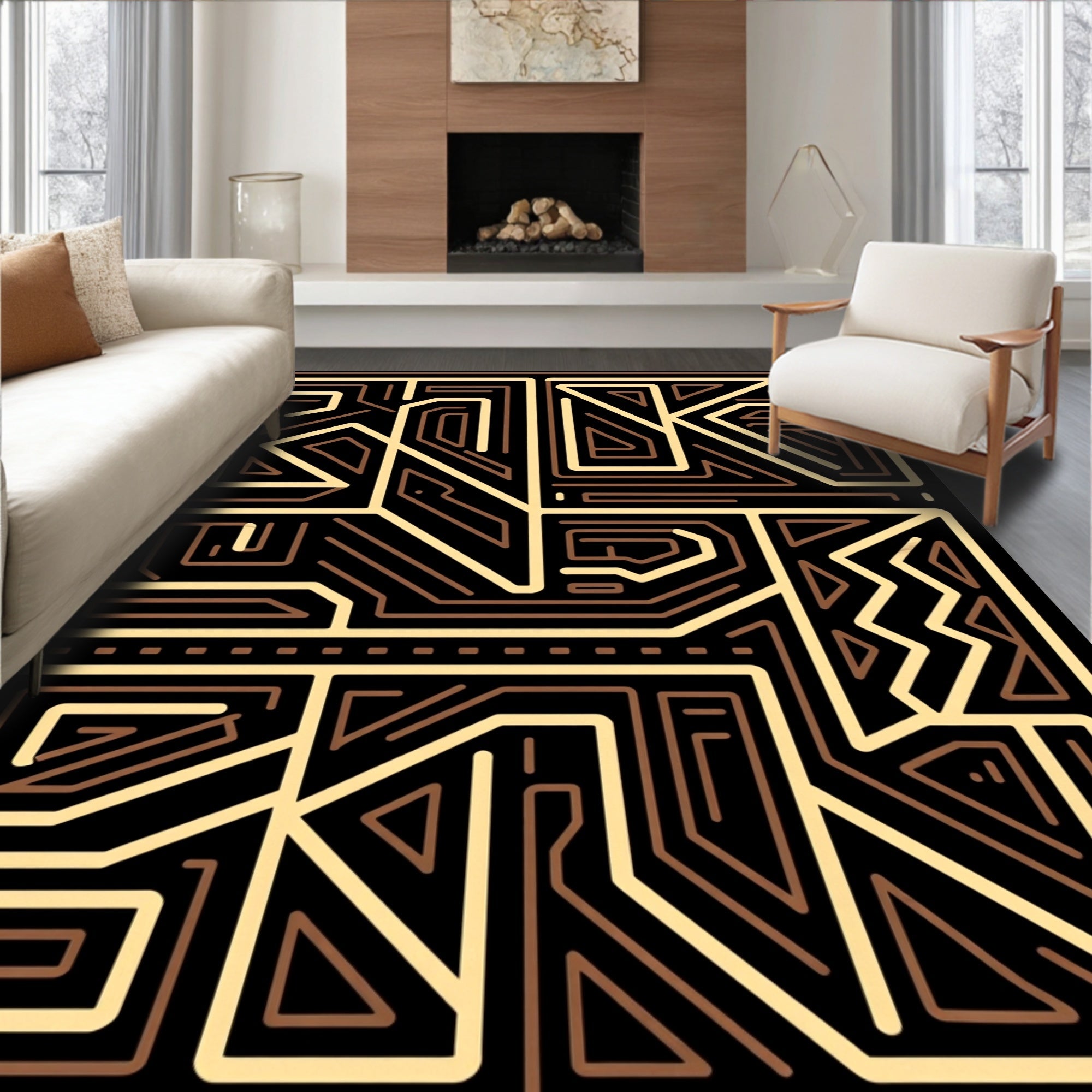 Modern Interlocking Maze Motif with Angular Paths and Golden Accents (Black) - ODIKA