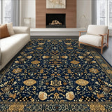 Dark Blue and Bronze Abstract Area Rug with Ornate Floral Details(Blue)