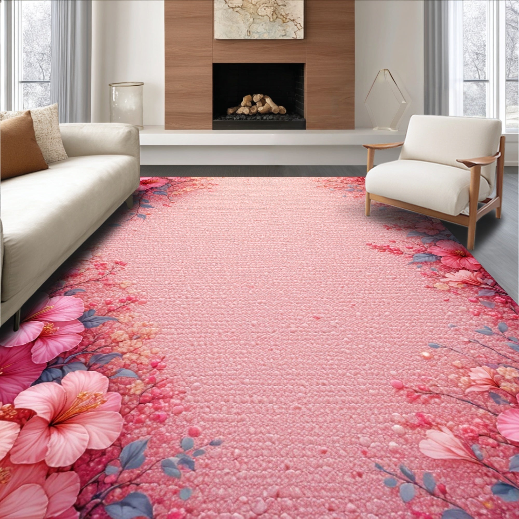 Ultra Soft Area Rug, Non Slip, Stain Resistant, Washable Area Rugs for Living Room, Bedroom, Elegant Pink Floral Bathroom Non-Slip Rug Set(Pink)