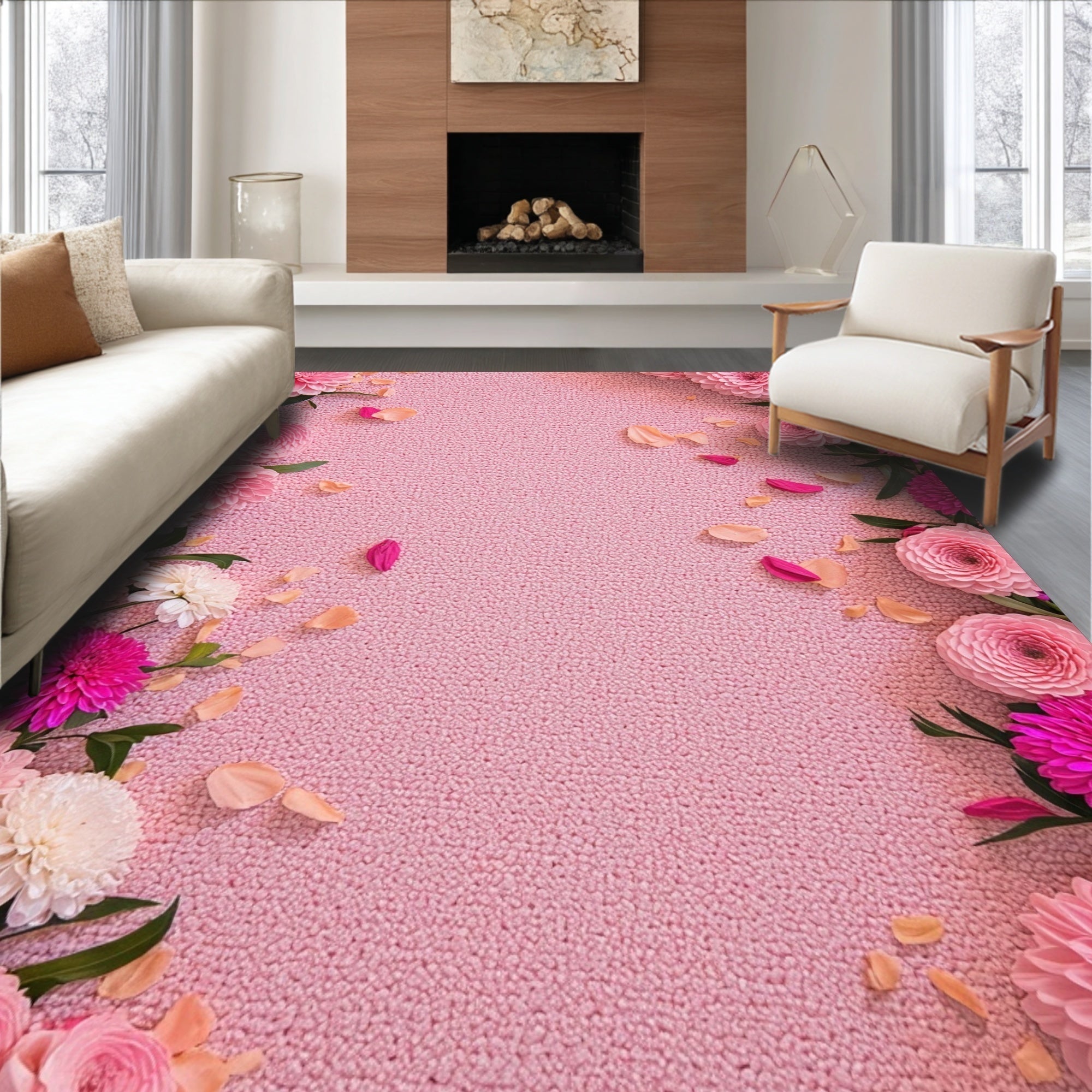 Ultra Soft Area Rug, Non Slip, Stain Resistant, Washable Area Rugs for Living Room, Bedroom, Romantic Pink Floral Bathroom Non-Slip Rug(Pink)