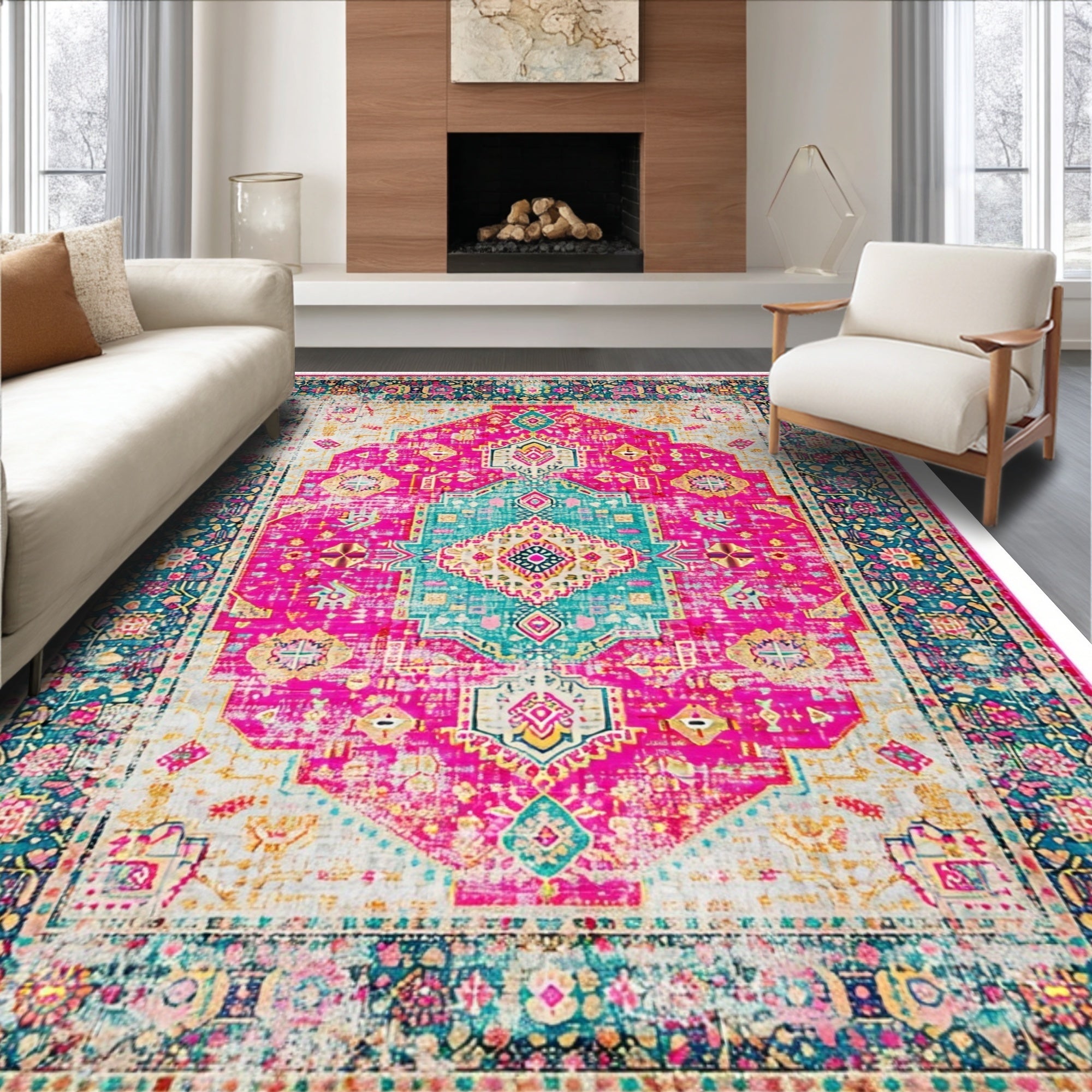 Ultra Soft Area Rug, Non Slip, Stain Resistant, Washable Area Rugs for Living Room, Bedroom, Boho Chic Pink Living Room Non-Shedding Rug(Pink)