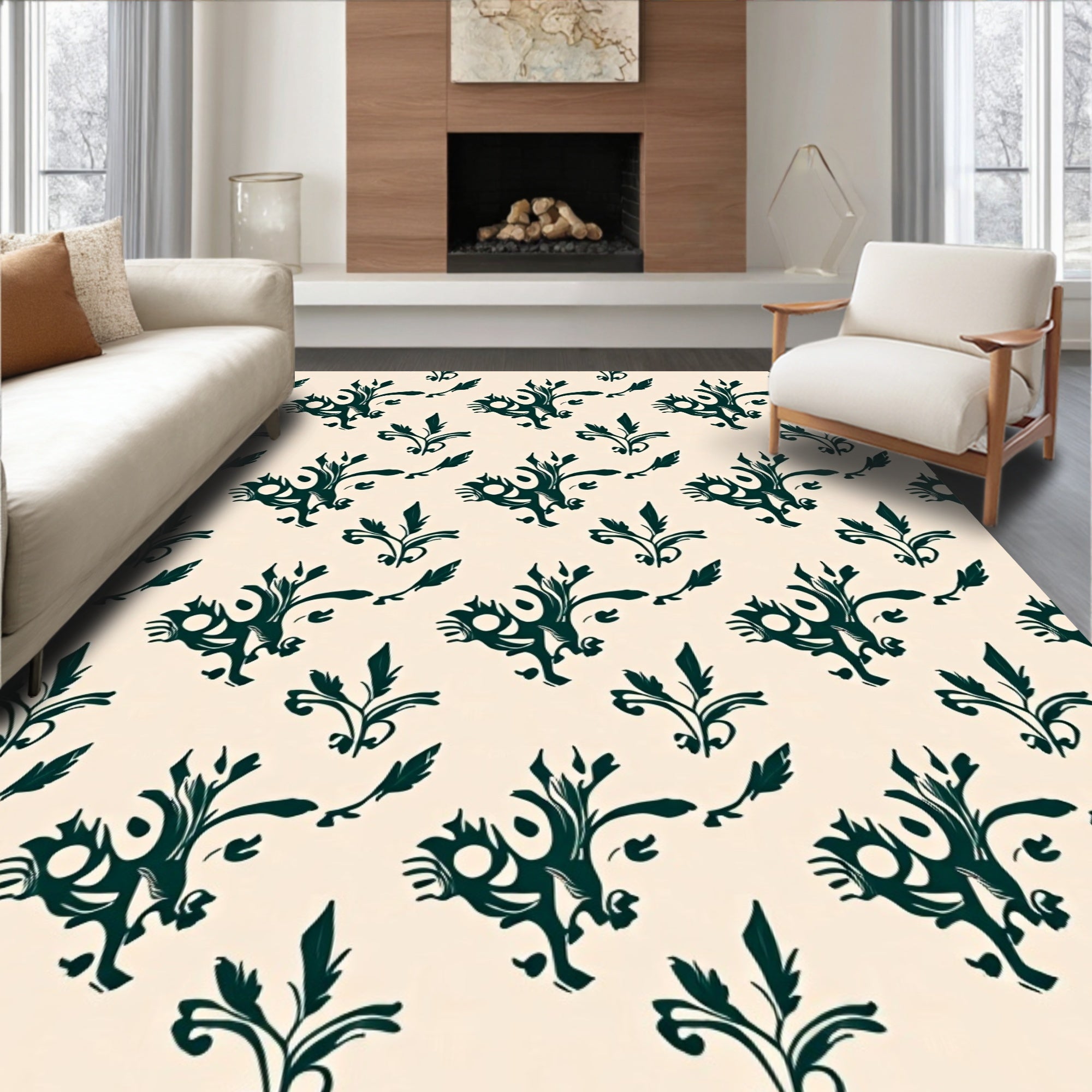 Botanical Damask Design with Faded Elegance Motifs (Beige) - ODIKA