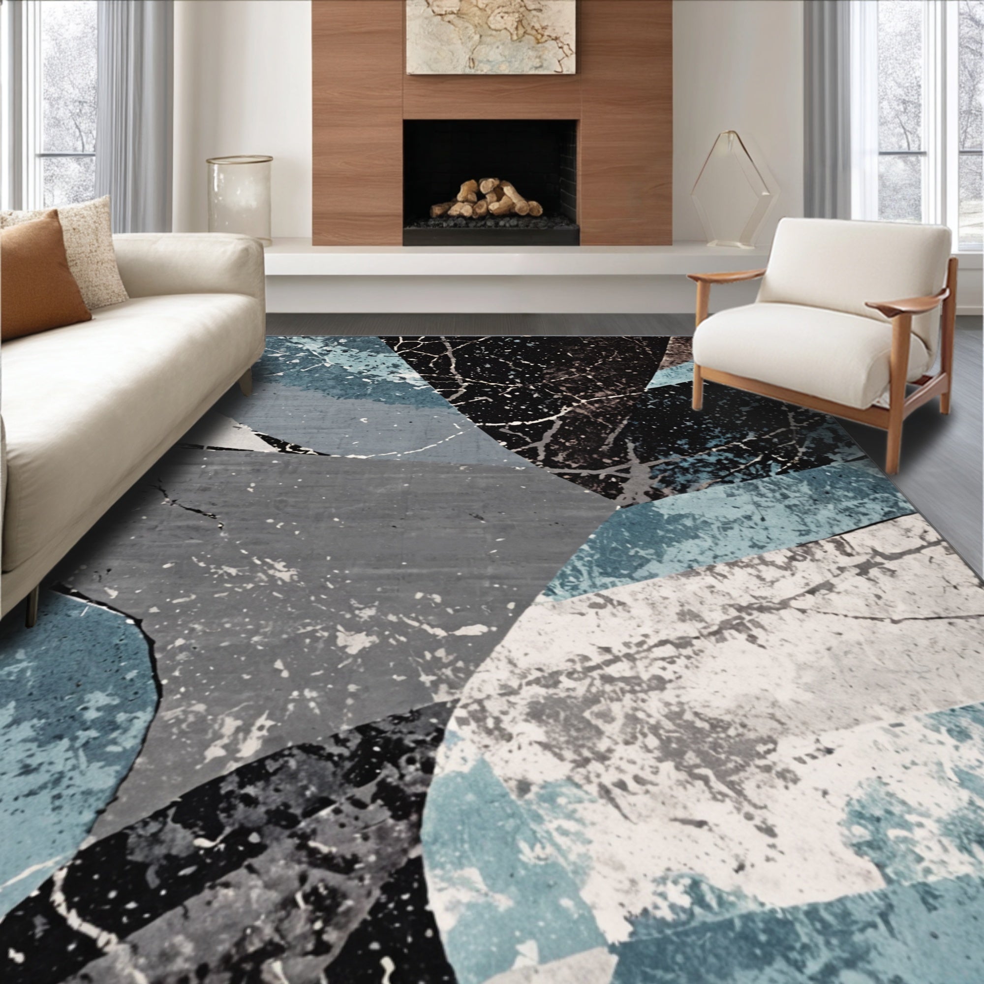 Ultra Soft Area Rug, Non Slip, Stain Resistant, Washable Area Rugs for Living Room, Bedroom, Abstract Blue Geometric Living Room Stain-Resistant Rug(Gray)