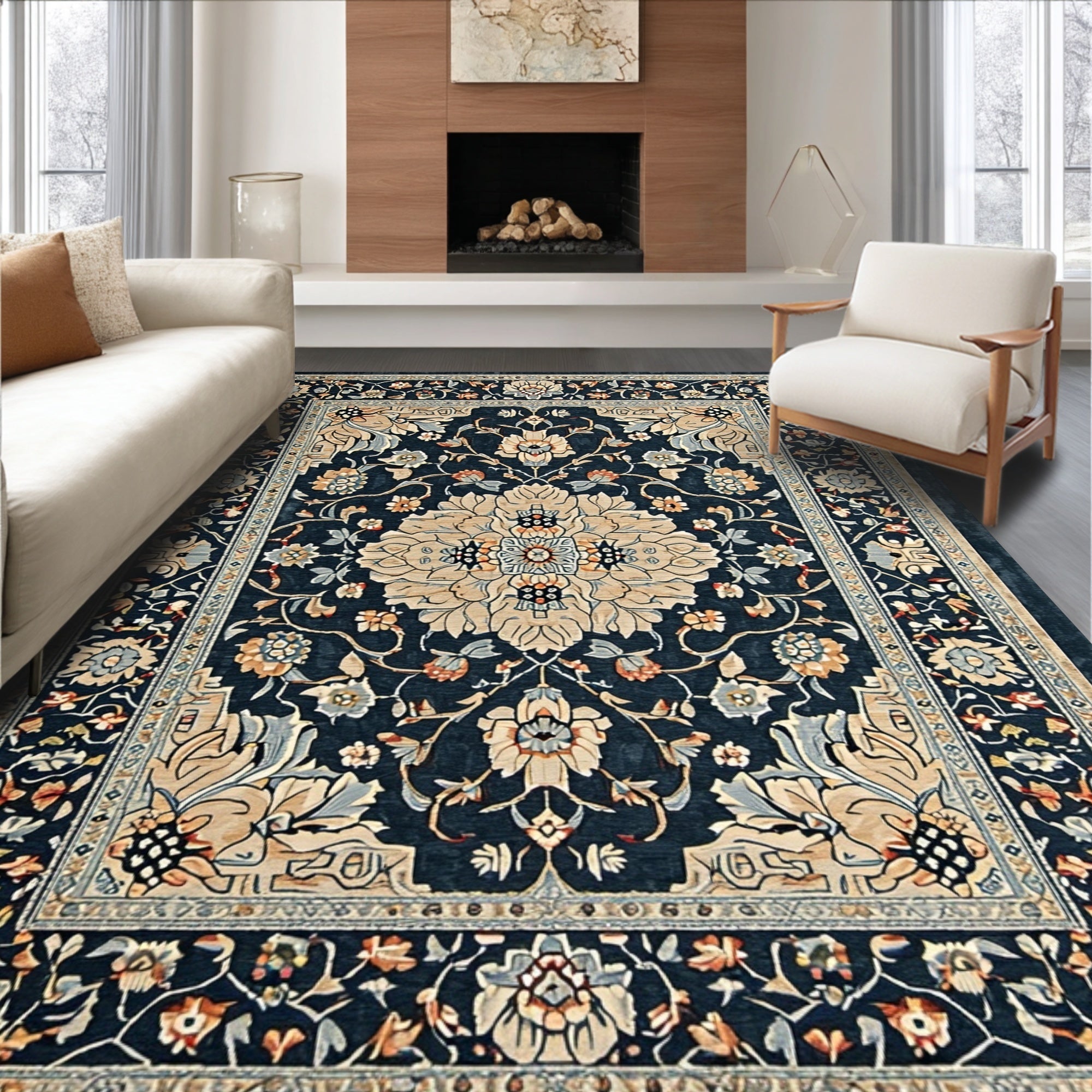 Ultra Soft Area Rug, Non Slip, Stain Resistant, Washable Area Rugs for Living Room, Bedroom, Distressed Vintage Floral Grey Brown Living Room Rug(Blue)