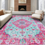 Elegant Washable Rug Funky Oriental Design Non Shedding Low Pile Carpet(Blue)