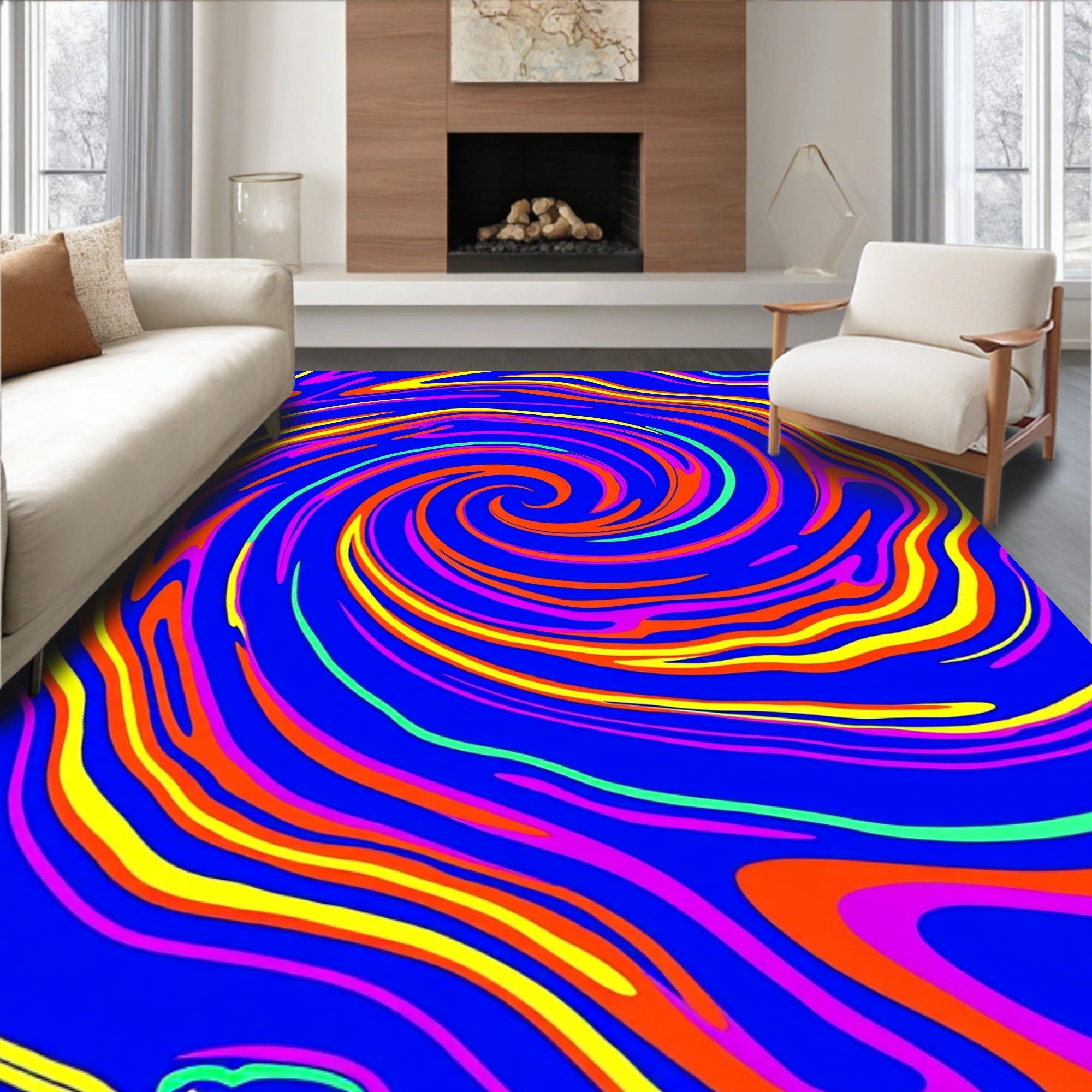 Swirled Tie Dye Spiral Shag with Vibrant Design (Blue) - ODIKA