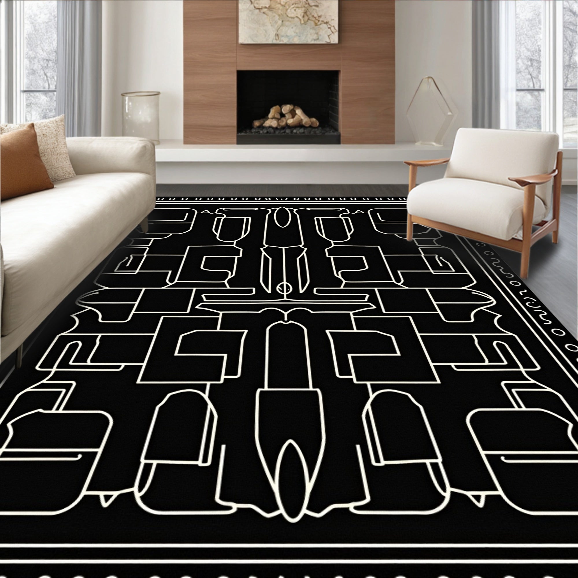 Kasbah Maze Motif with Abstract Interlocking Lines and Minimalist Dots (Black) - ODIKA