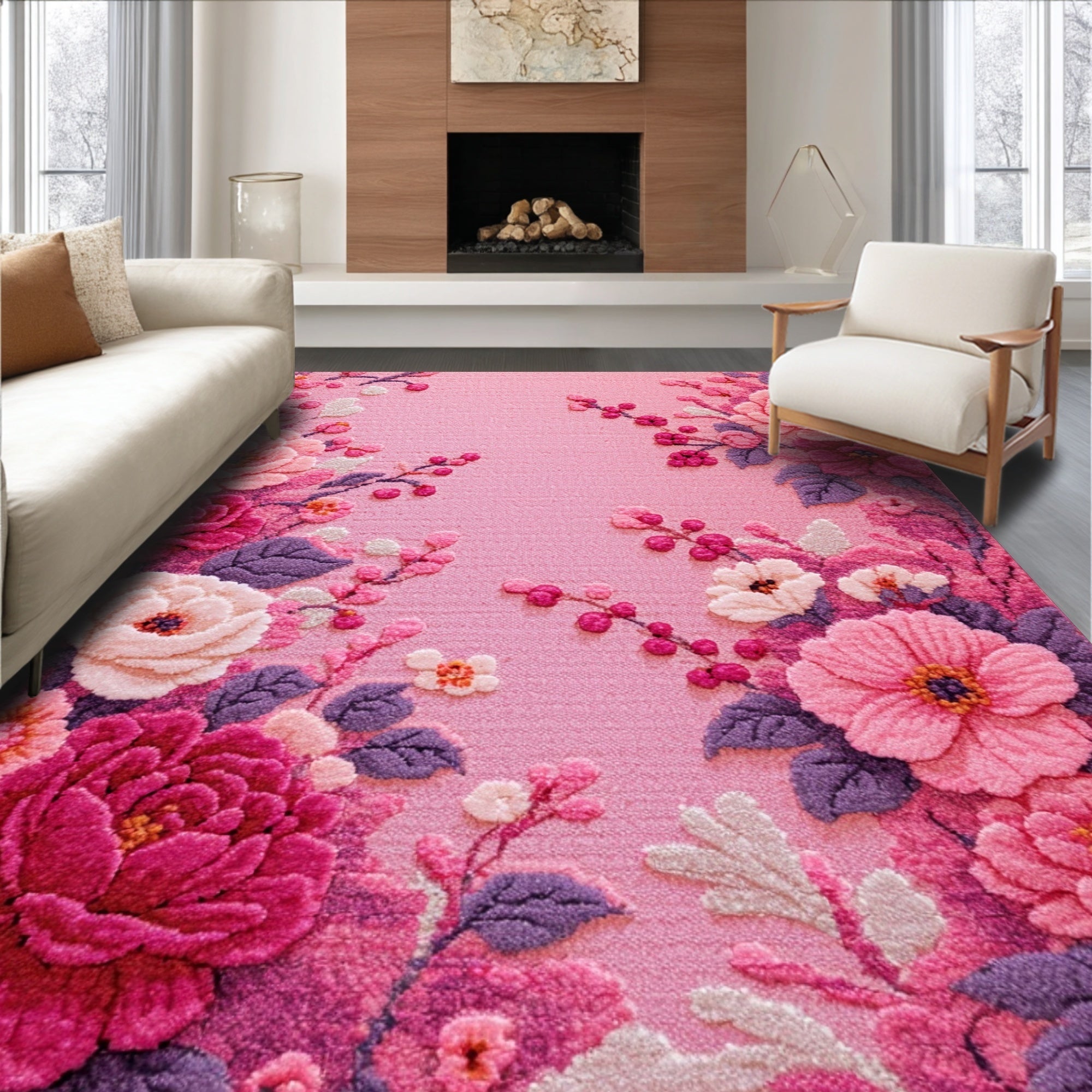 Ultra Soft Area Rug, Non Slip, Stain Resistant, Washable Area Rugs for Living Room, Bedroom, Charming Absorbent Floral Bath Carpet for Chic Decor(Pink)