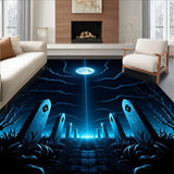 Haunted Graveyard Moonlit Spiral Swirl Decorative Floor Covering(Blue)