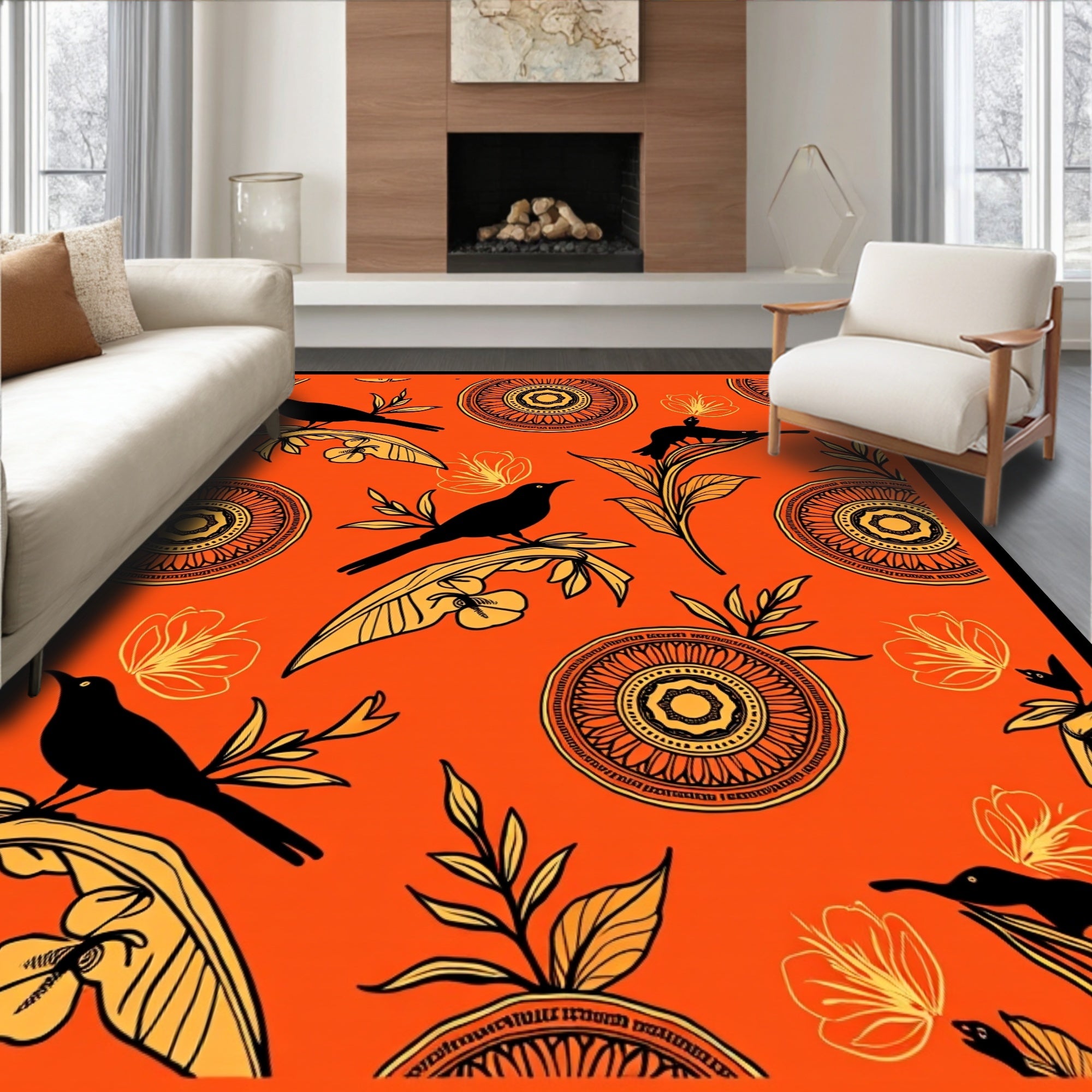 Exotic Tropical Birds Interlocking Floral Medallion (Orange) - ODIKA