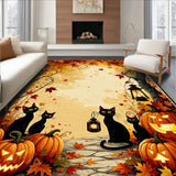 Pumpkin Patch Black Cat Gnome Rug with Autumn Leaves and Festive Swirls(Brown)