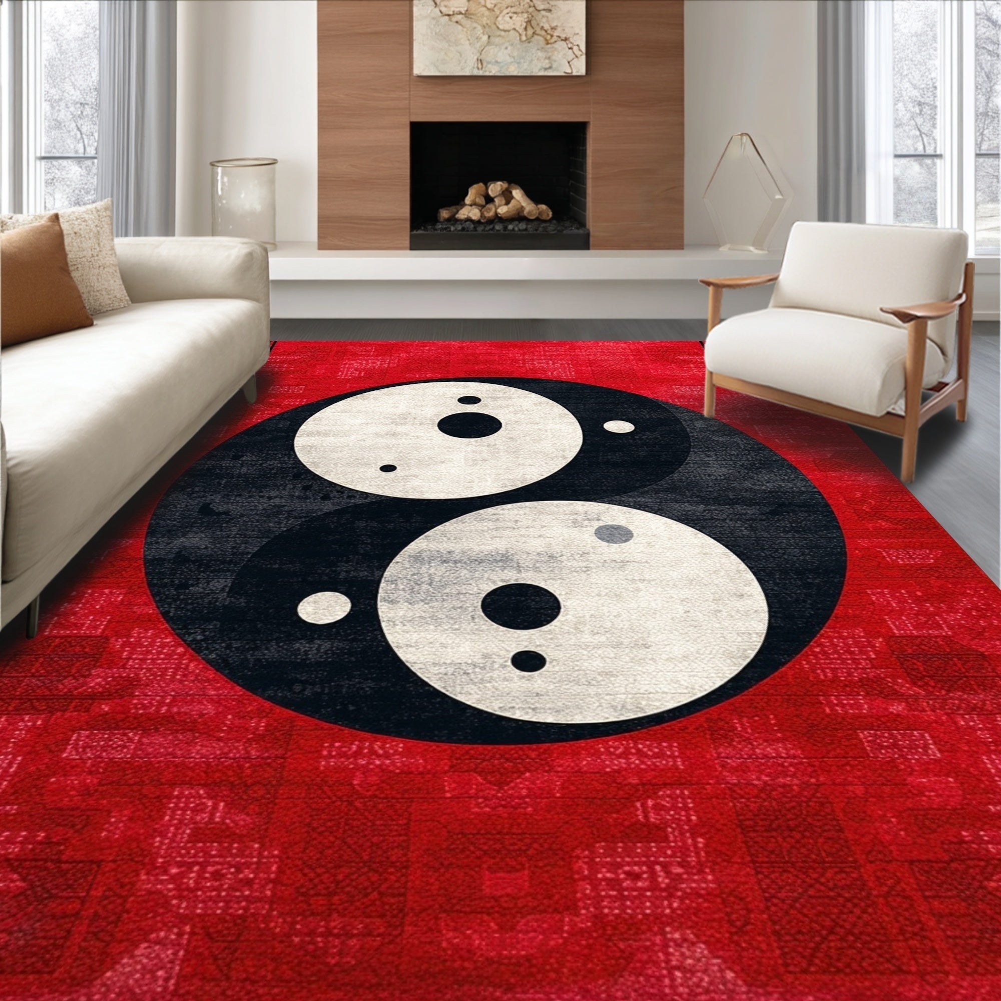 Ultra Soft Area Rug, Non Slip, Stain Resistant, Washable Area Rugs for Living Room, Bedroom, Yin Yang Circular Meditation Space Washable Rug(Red)