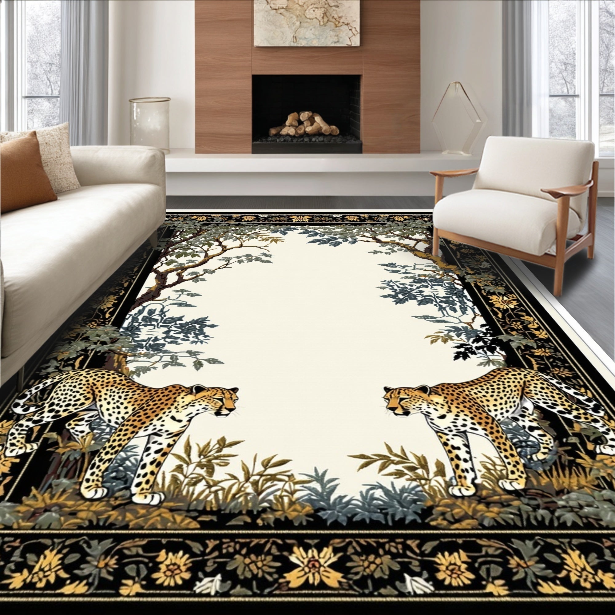 Ultra Soft Area Rug, Non Slip, Stain Resistant, Washable Area Rugs for Living Room, Bedroom, Cheetah Border Wildlife Living Room Rug(Beige)